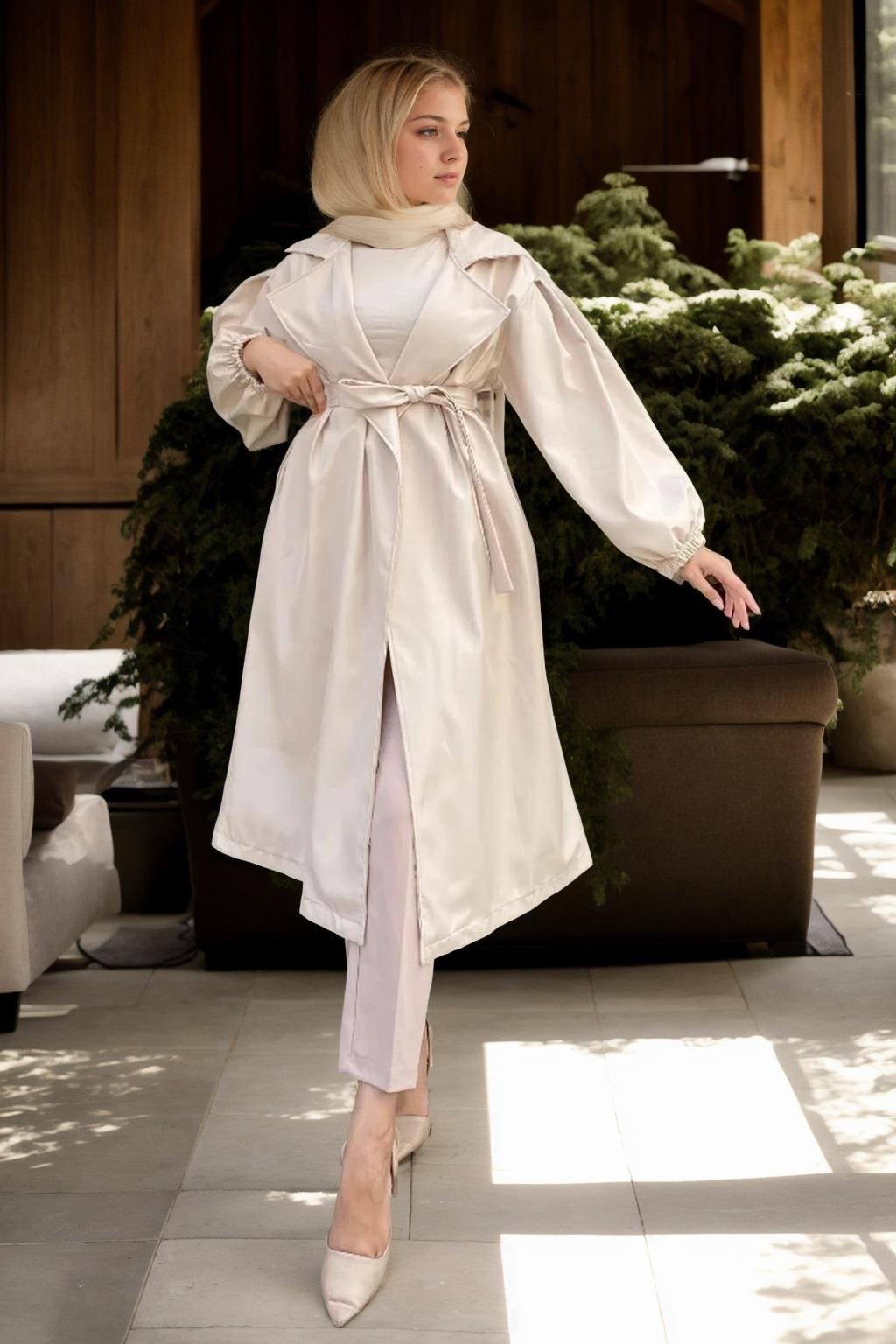 40345 Dewberry Belted Balloon Sleeve Women Trenchcoat-BEJ