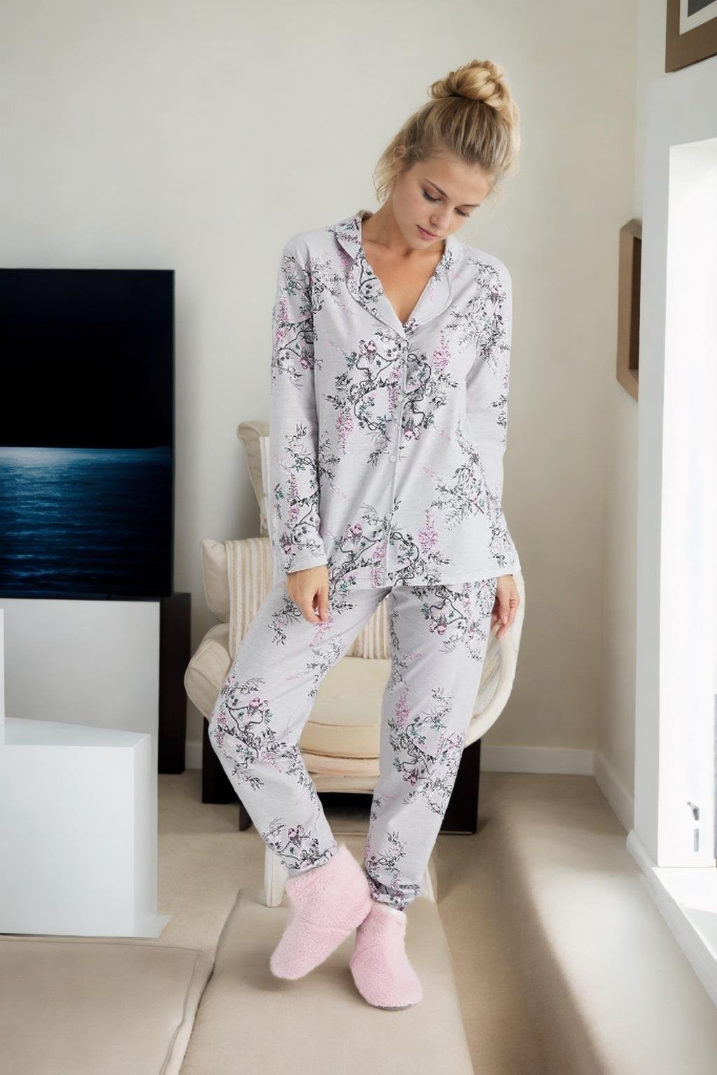 43103 Dewberry Buttoned Women Pyjama Set-GRİ