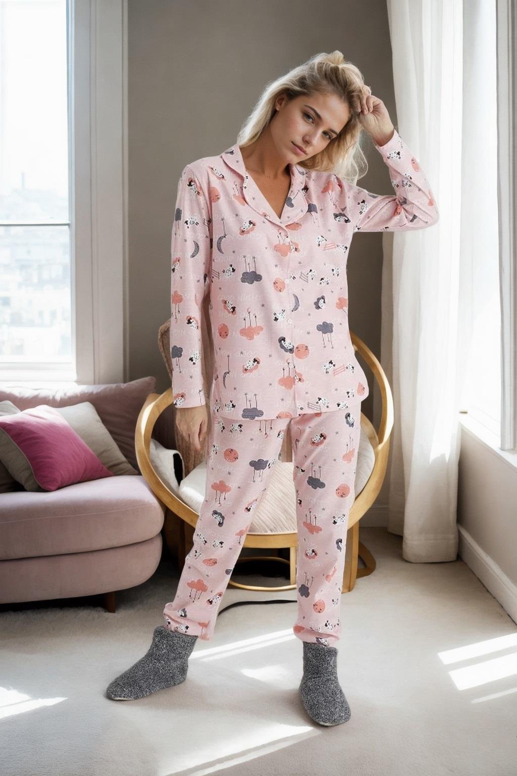43103 Dewberry Buttoned Women Pyjama Set-PEMBE