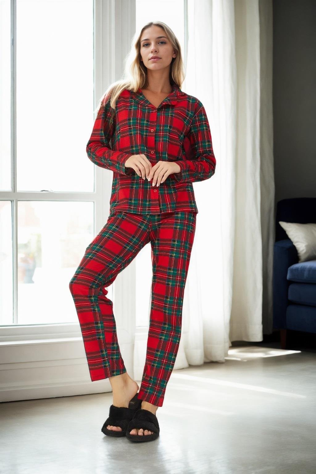43103 Dewberry Buttoned Women Pyjama Set-KIRMIZI