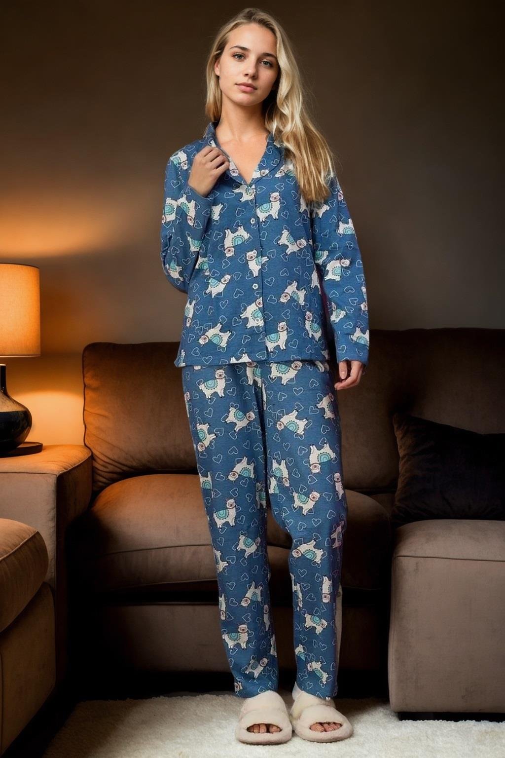 43103 Dewberry Buttoned Women Pyjama Set-MAVİ