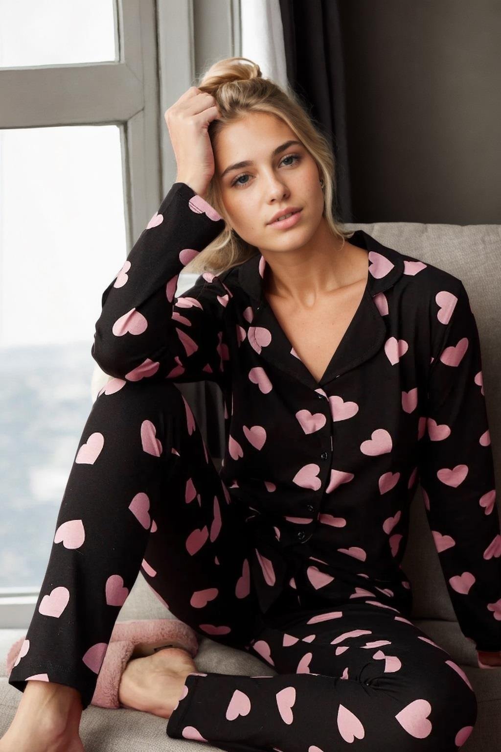 43103 Dewberry Buttoned Women Pyjama Set-SİYAH