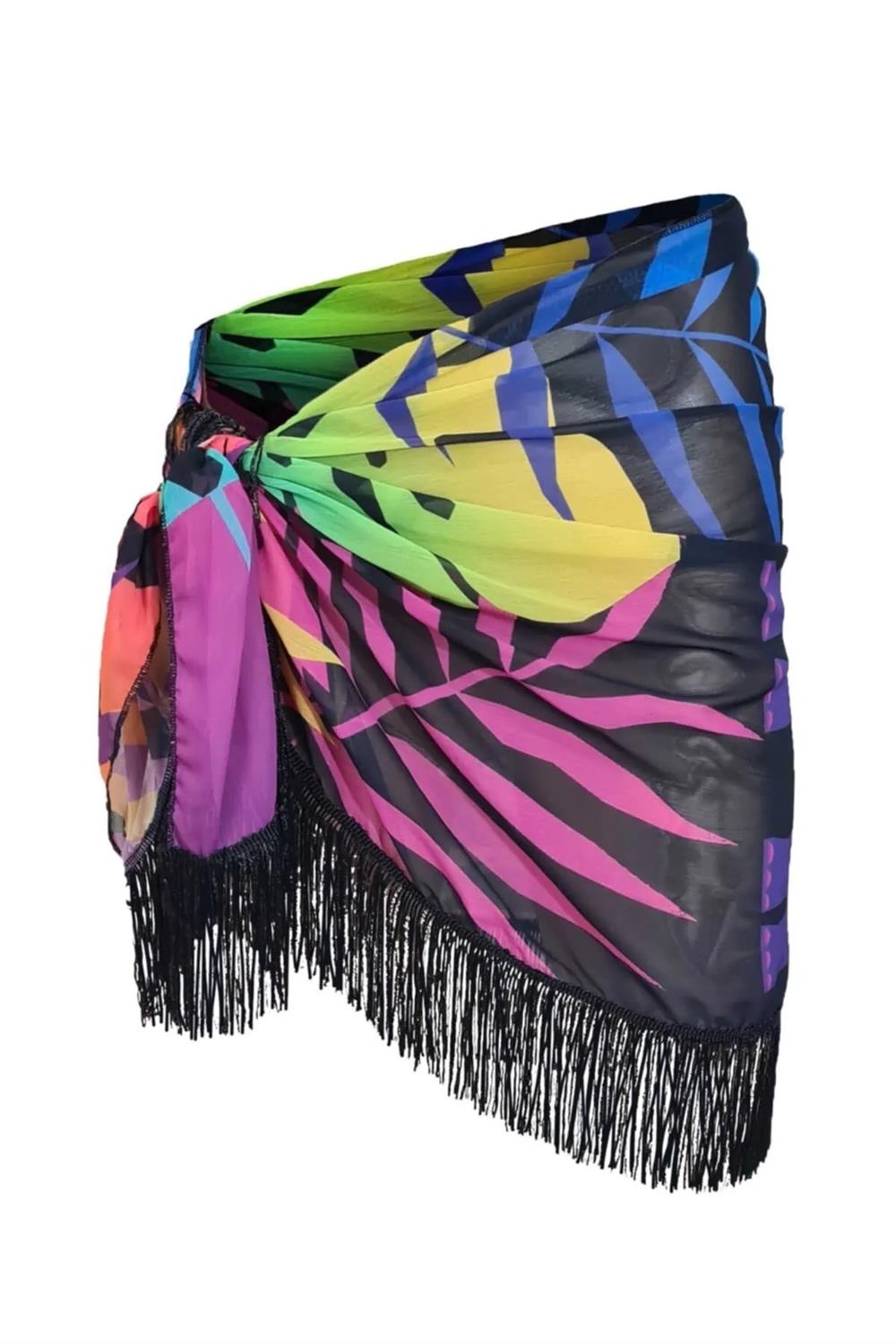 43272 Dewberry 43272 Dewberry Patterned Pareo with Tassels-SİYAH-PEMBE