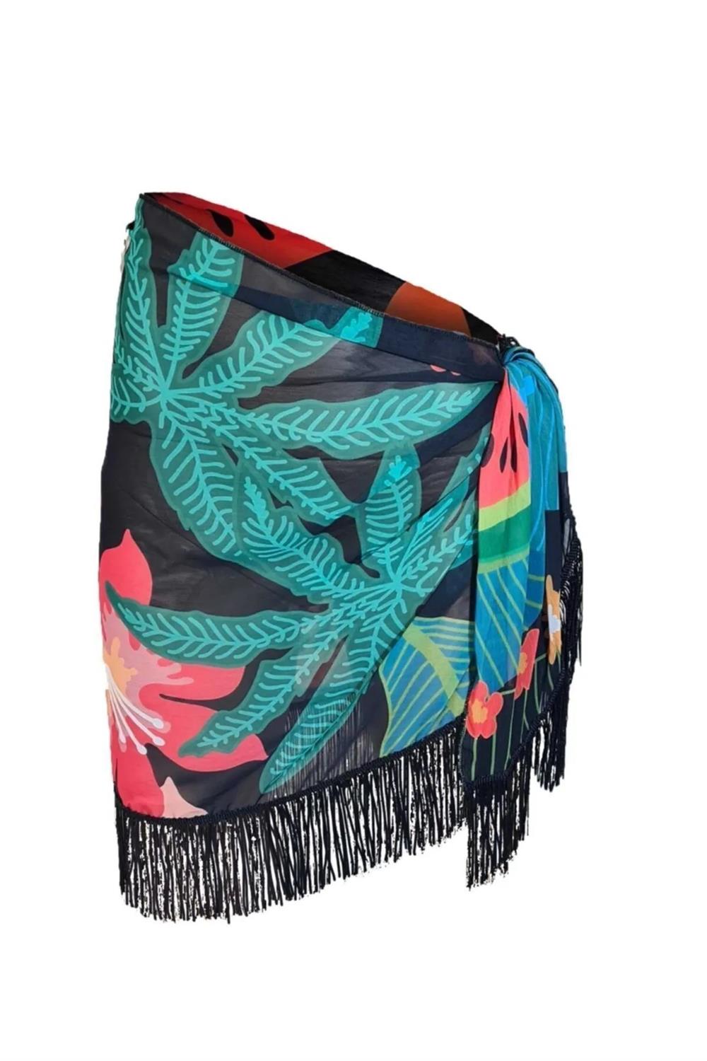 43272 Dewberry 43272 Dewberry Patterned Pareo with Tassels-SİYAH-TURUNCU
