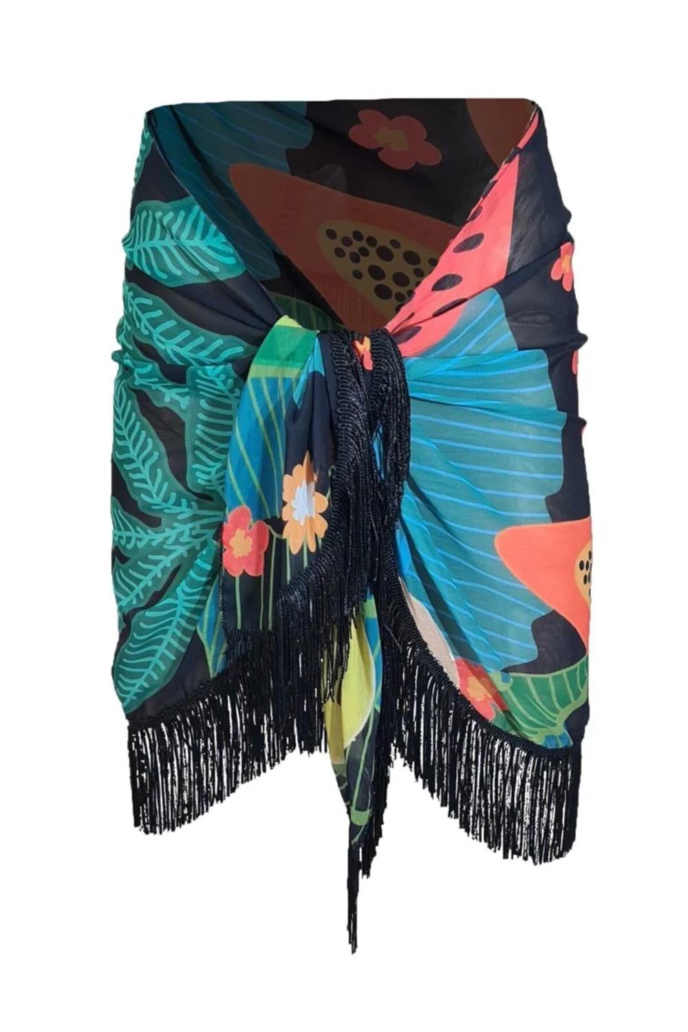 43272 Dewberry 43272 Dewberry Patterned Pareo with Tassels-SİYAH-TURUNCU