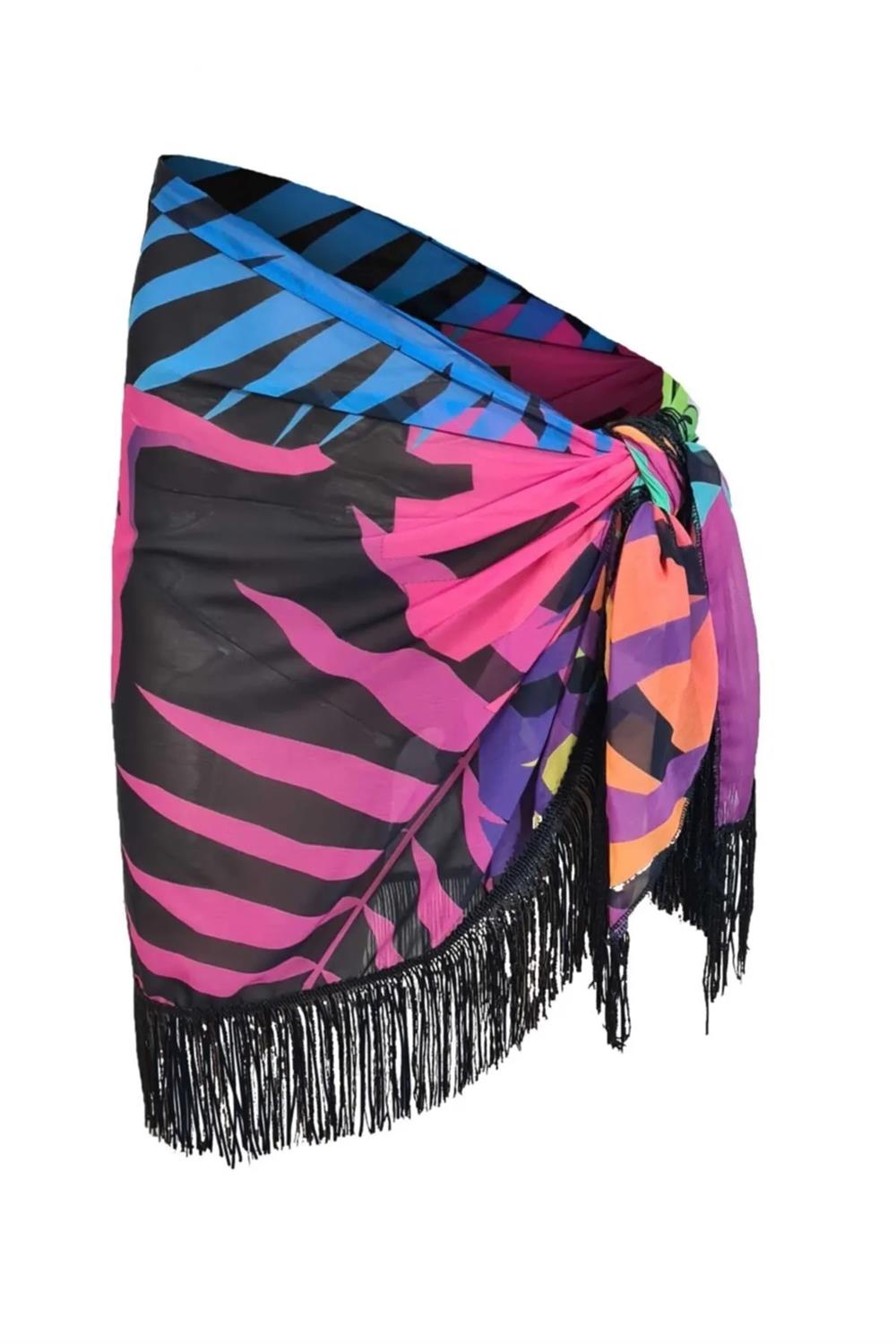 43272 Dewberry 43272 Dewberry Patterned Pareo with Tassels-SİYAH-PEMBE