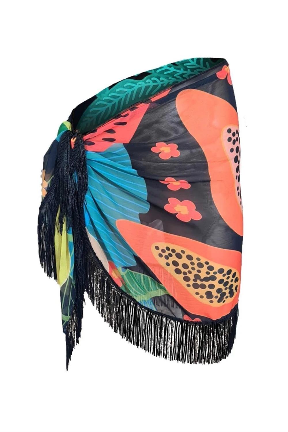 43272 Dewberry 43272 Dewberry Patterned Pareo with Tassels-SİYAH-TURUNCU