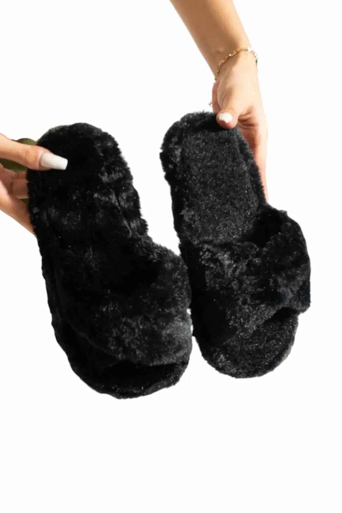 44299 Dewberry Women Furry Fluffy Home Slippers-SİYAH