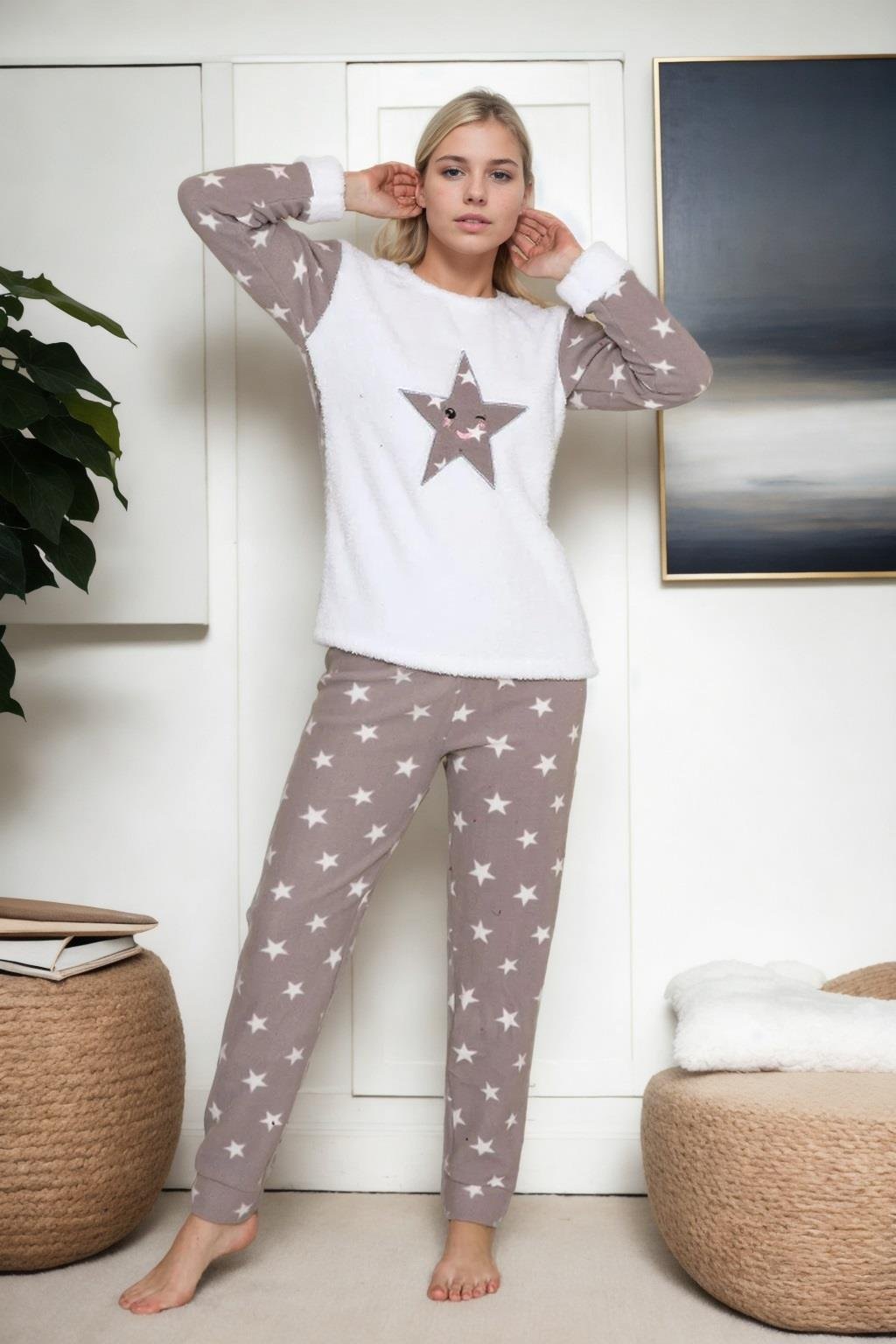 46404 Dewberry Winter Fleece Women Pyjama Set-BEYAZ-KAHVE
