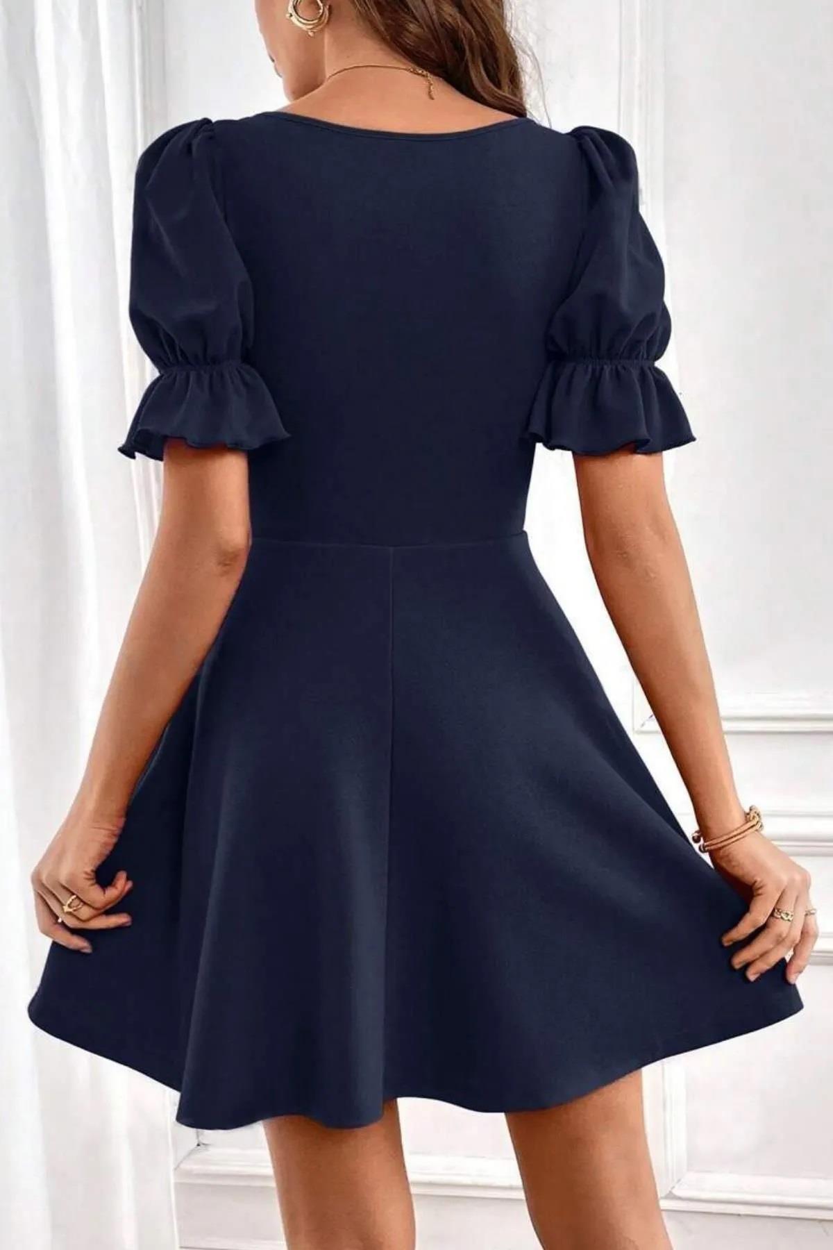 48753 Dewberry Mini Size Balloon Sleeve Crepe Dress-LACİVERT