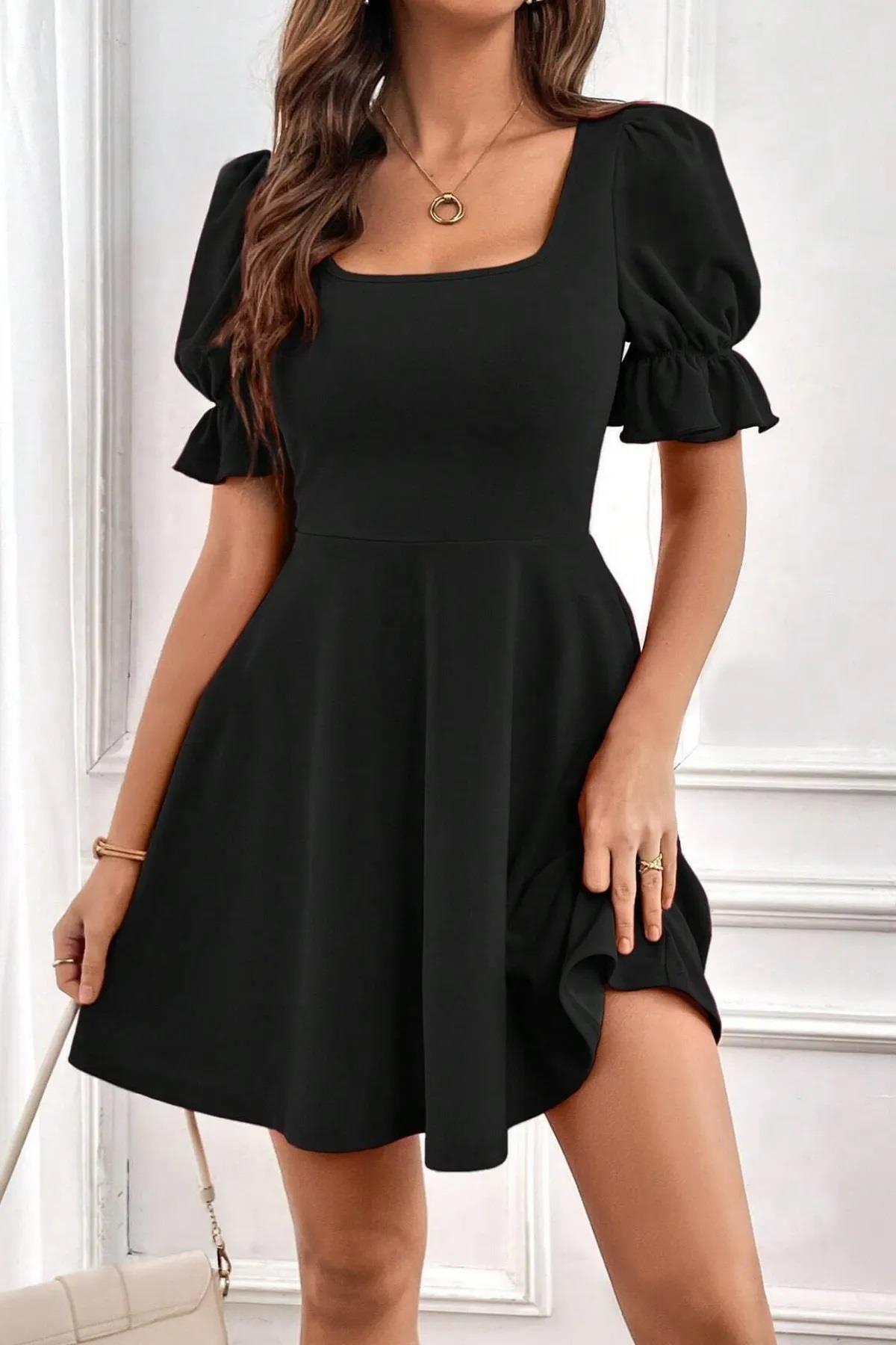 48753 Dewberry Mini Size Balloon Sleeve Crepe Dress-SİYAH