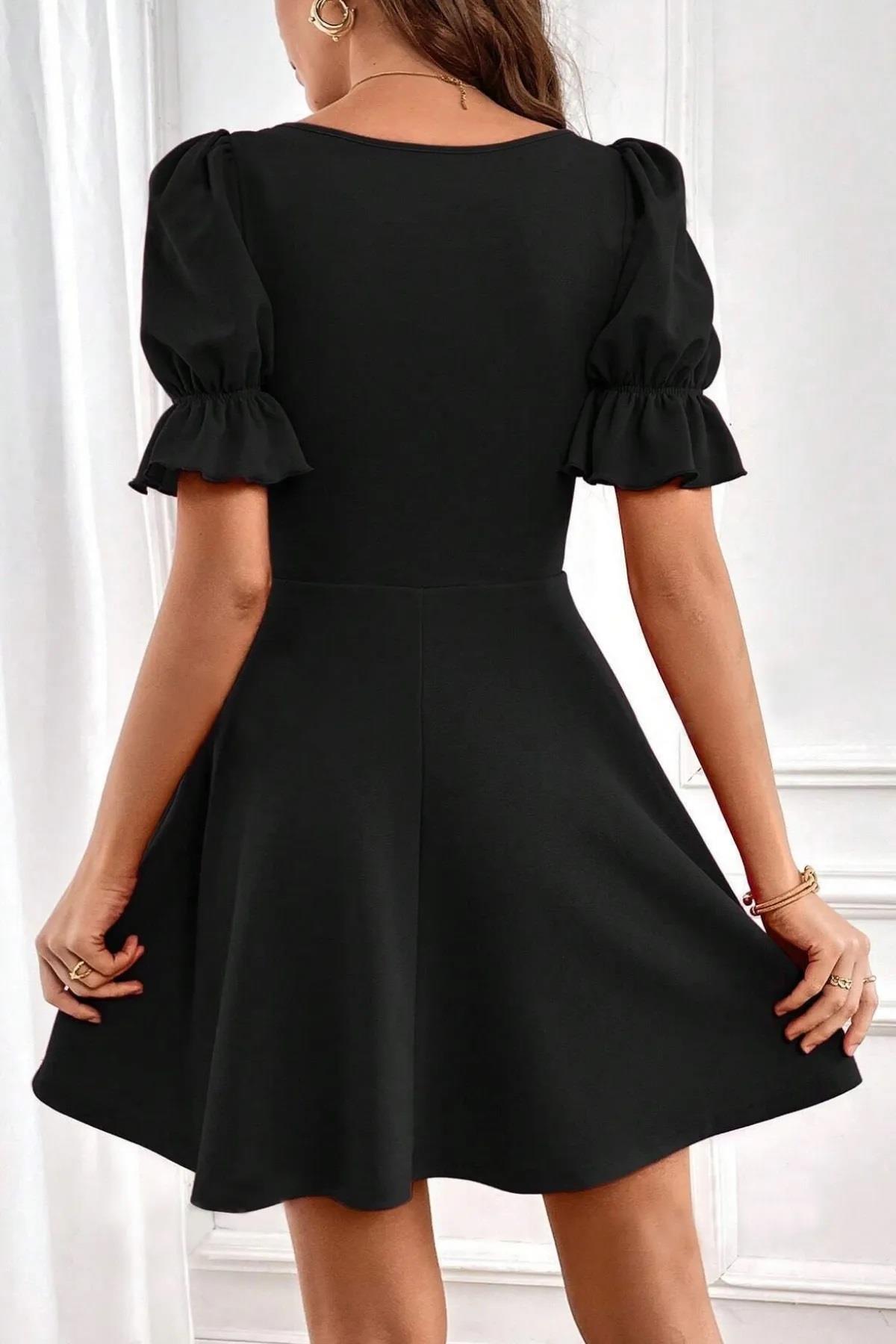 48753 Dewberry Mini Size Balloon Sleeve Crepe Dress-SİYAH
