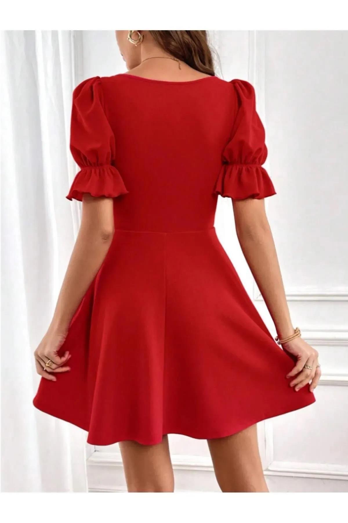 48753 Dewberry Mini Size Balloon Sleeve Crepe Dress-KIRMIZI