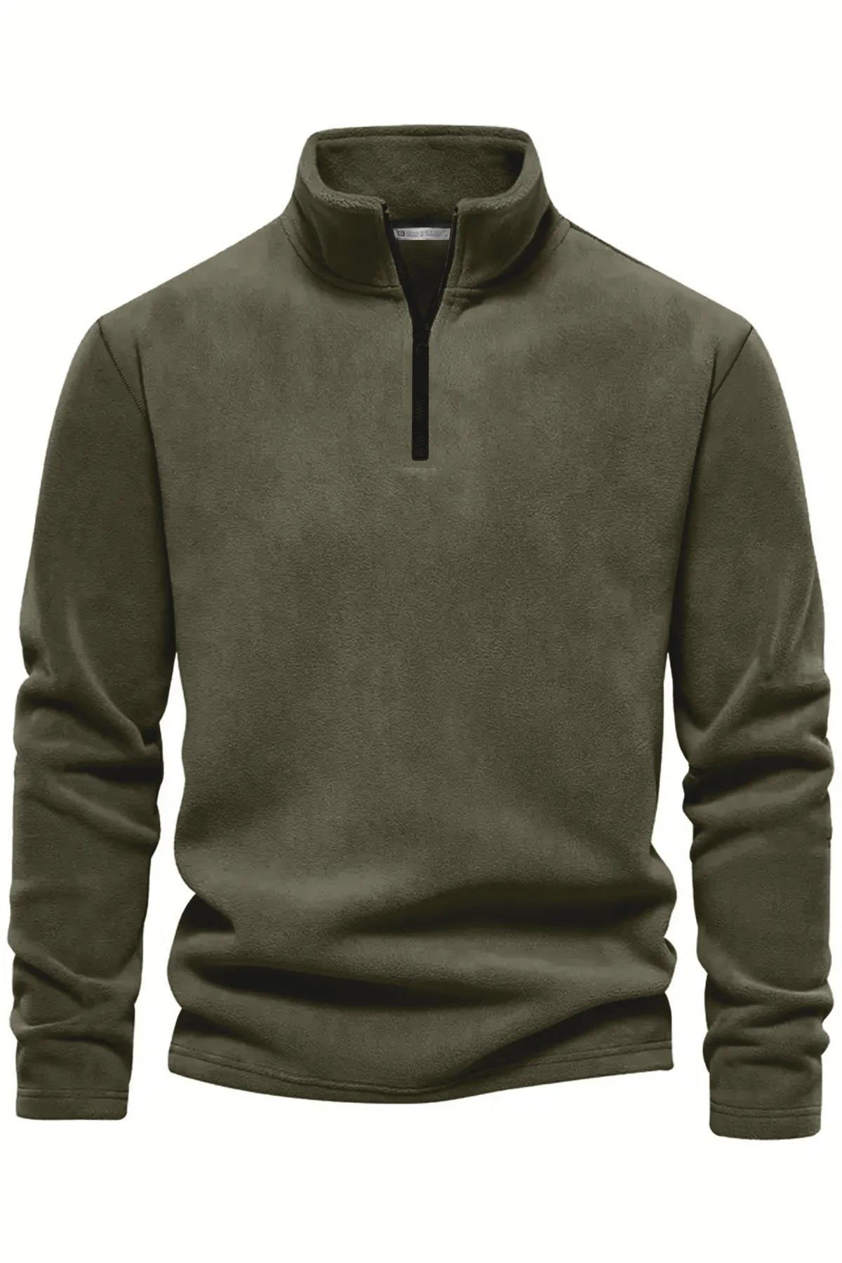 49143 Dewberry Half Zipper Stand Collar Mens Fleece-AÇIK HAKİ