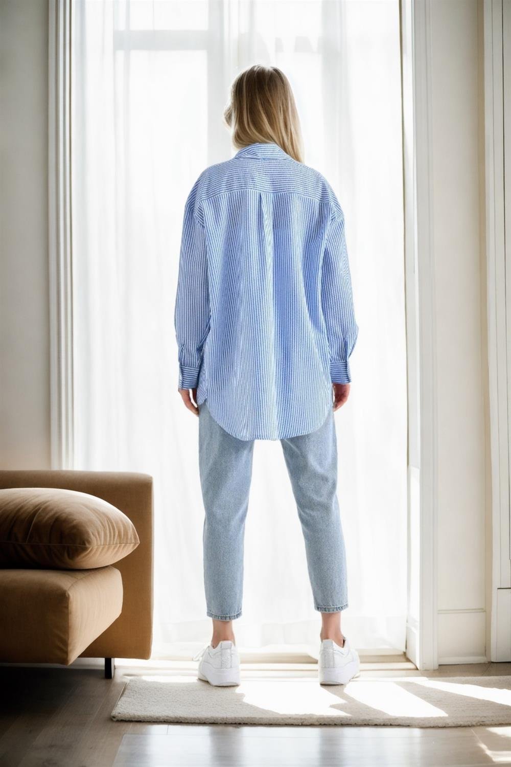 49999 Dewberry Blue Wrinkled Detailed Striped Women Shirt-MAVİ