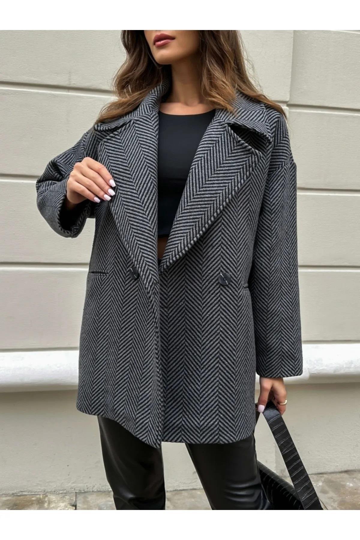 50406 Dewberry Herringbone Oversize Women Coat-ANTRASİT