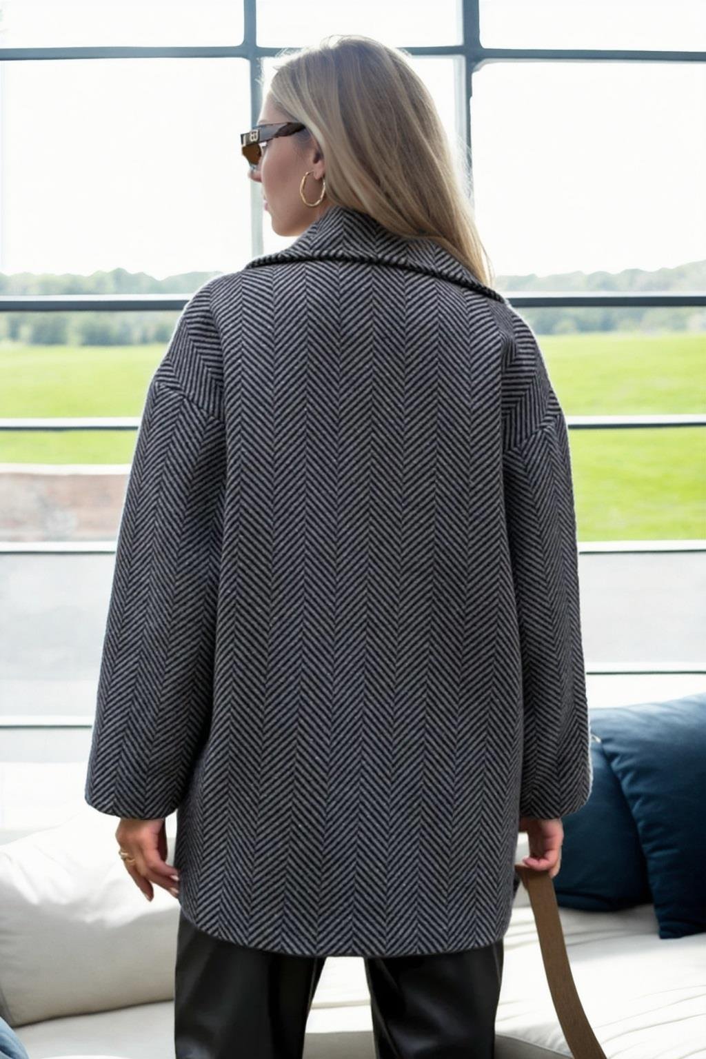 50406 Dewberry Herringbone Oversize Women Coat-ANTRASİT