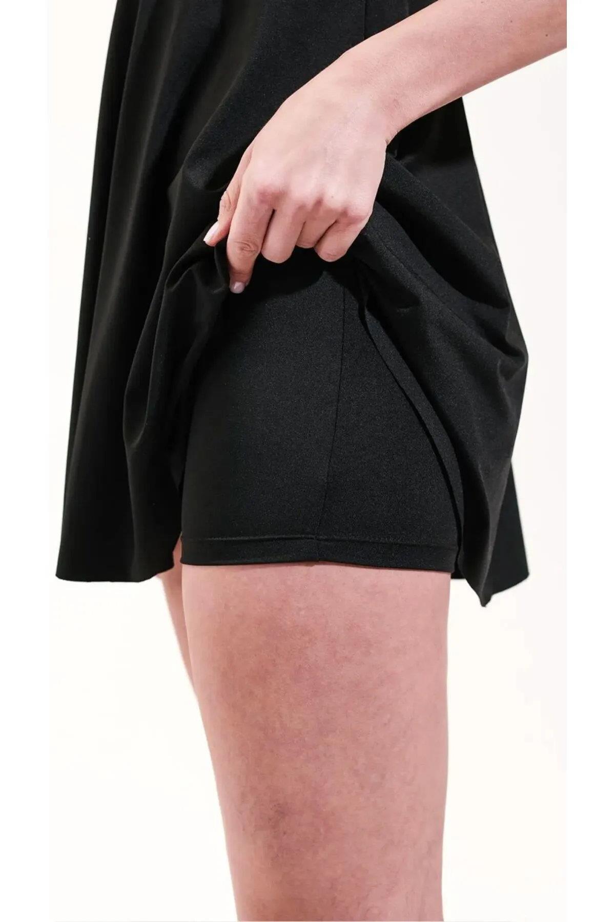 58126 Dewberry Womens Lycra With Dress Shorts Swimsuit-SİYAH