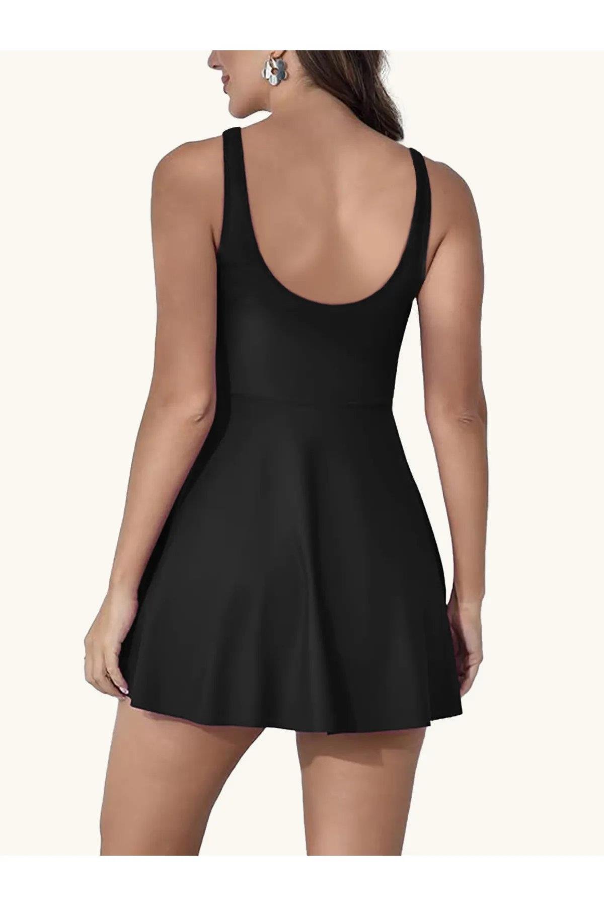 58126 Dewberry Womens Lycra With Dress Shorts Swimsuit-SİYAH