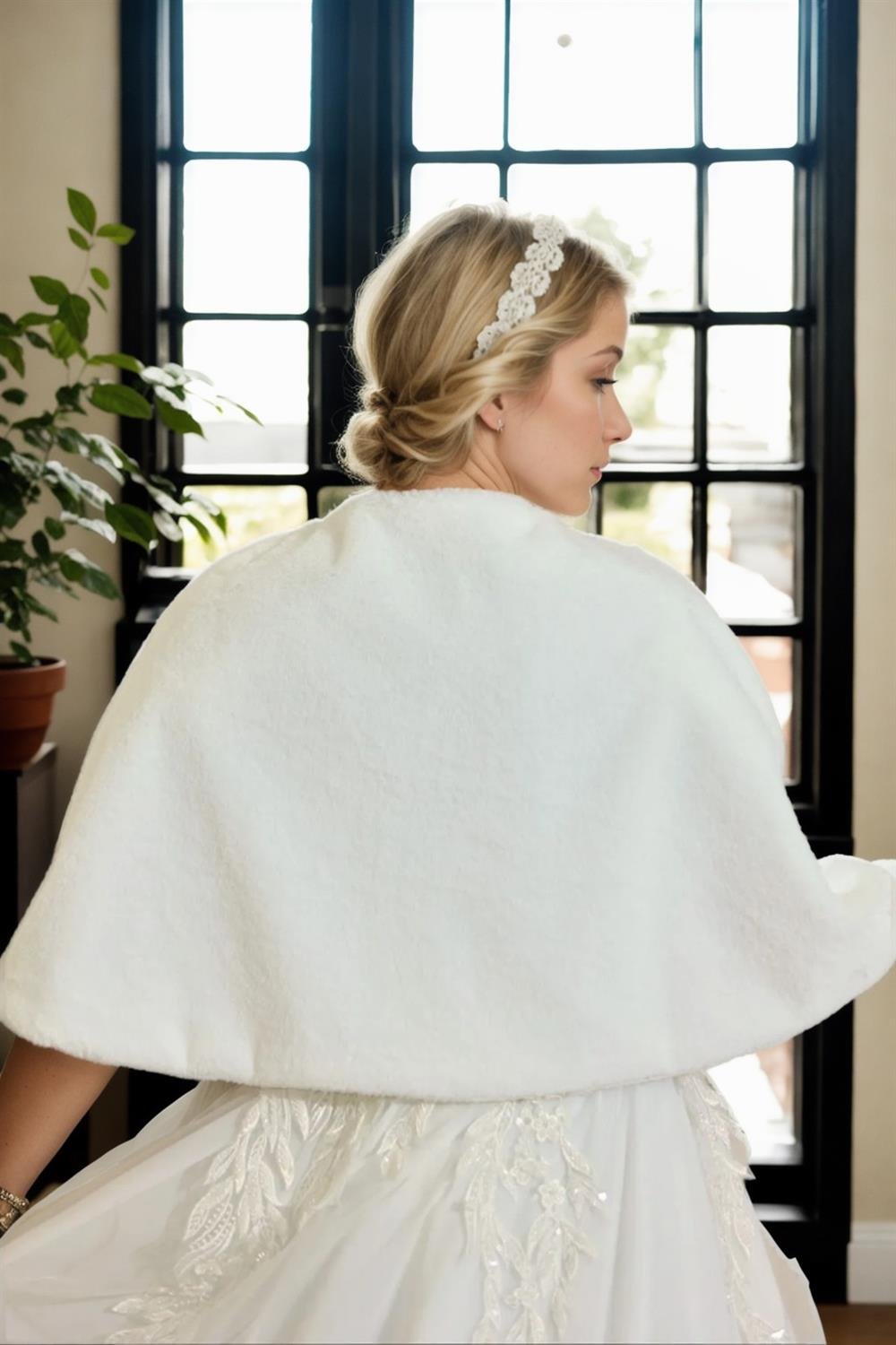 61601 Dewberry Long Brooch Bridal Bolero Shawl-BEYAZ