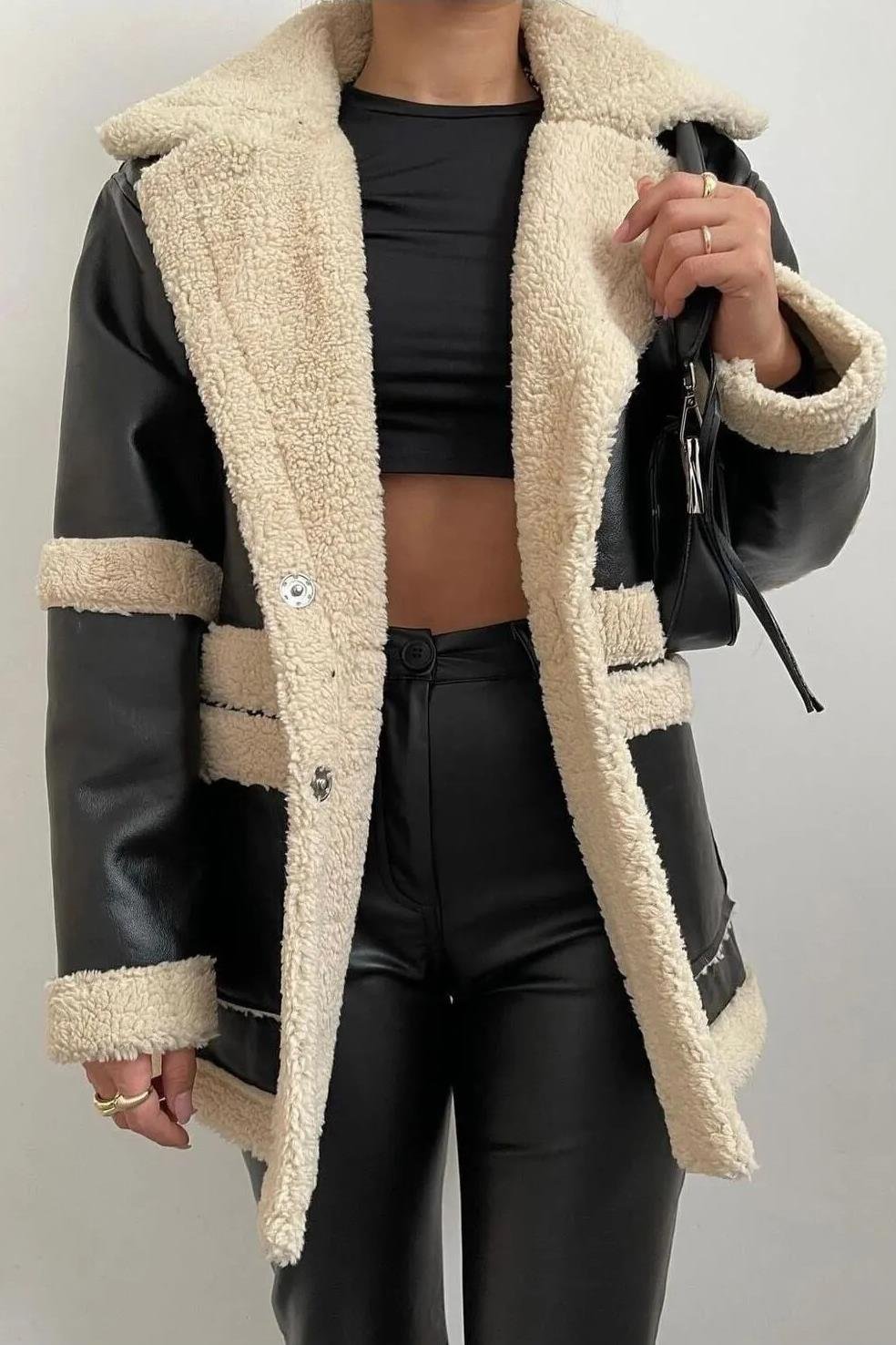 63808 Dewberry Faux Fur Detailed PU Jacket-SİYAH