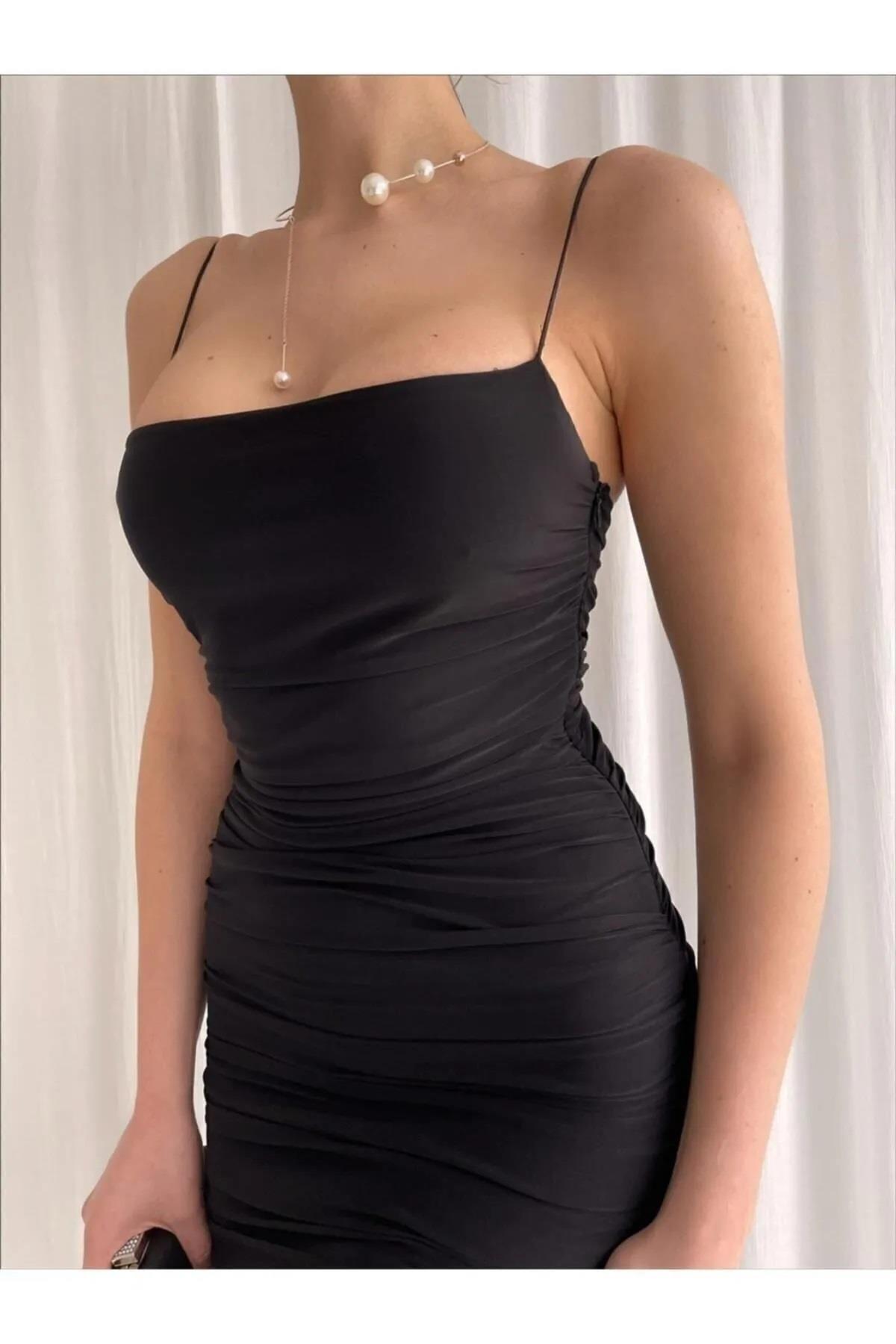 64500 Dewberry Thin Strap Draped Midi Evening Dress-SİYAH