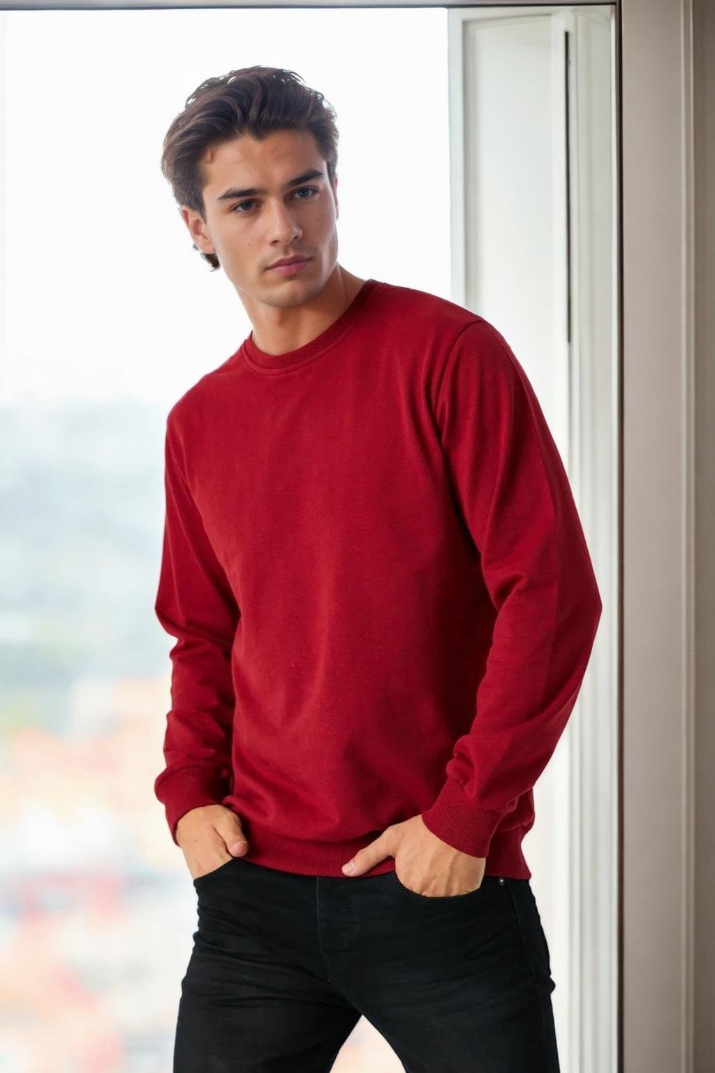 64602 Dewberry Basic Crew Neck Mens Sweatshirt-BORDO