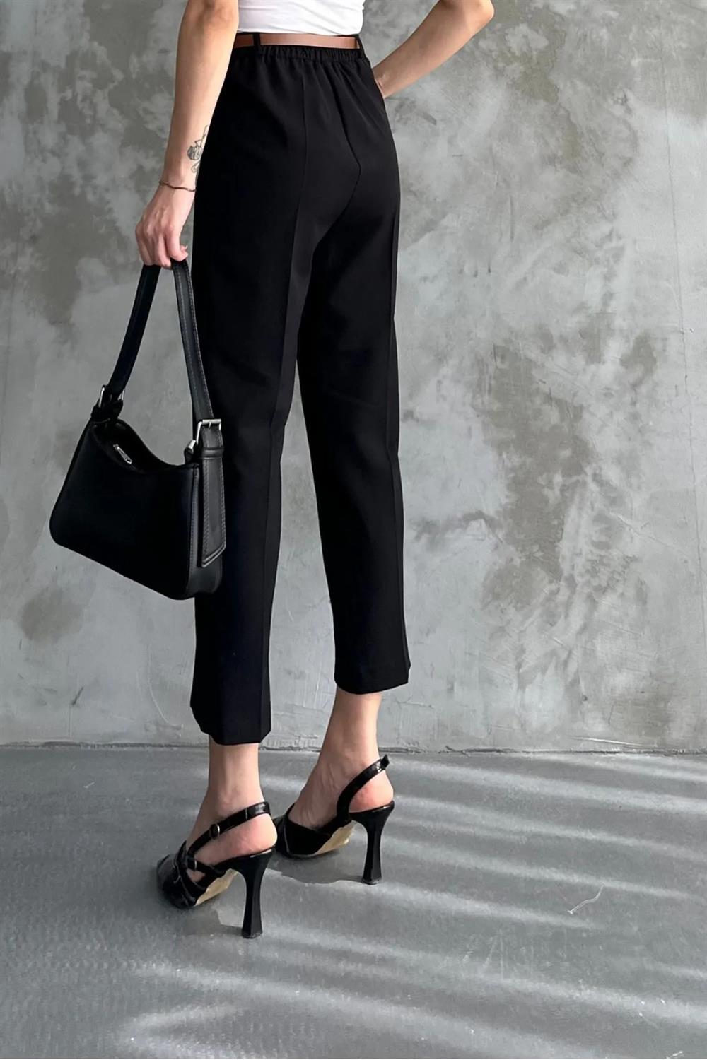67537 Dewberry Skinny Leg Belted Women Trousers-SİYAH
