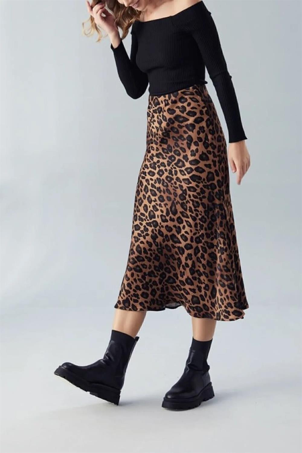 68223 Dewberry Leopard Pattern Satin Midi Length Skirt-SİYAH-KAHVE
