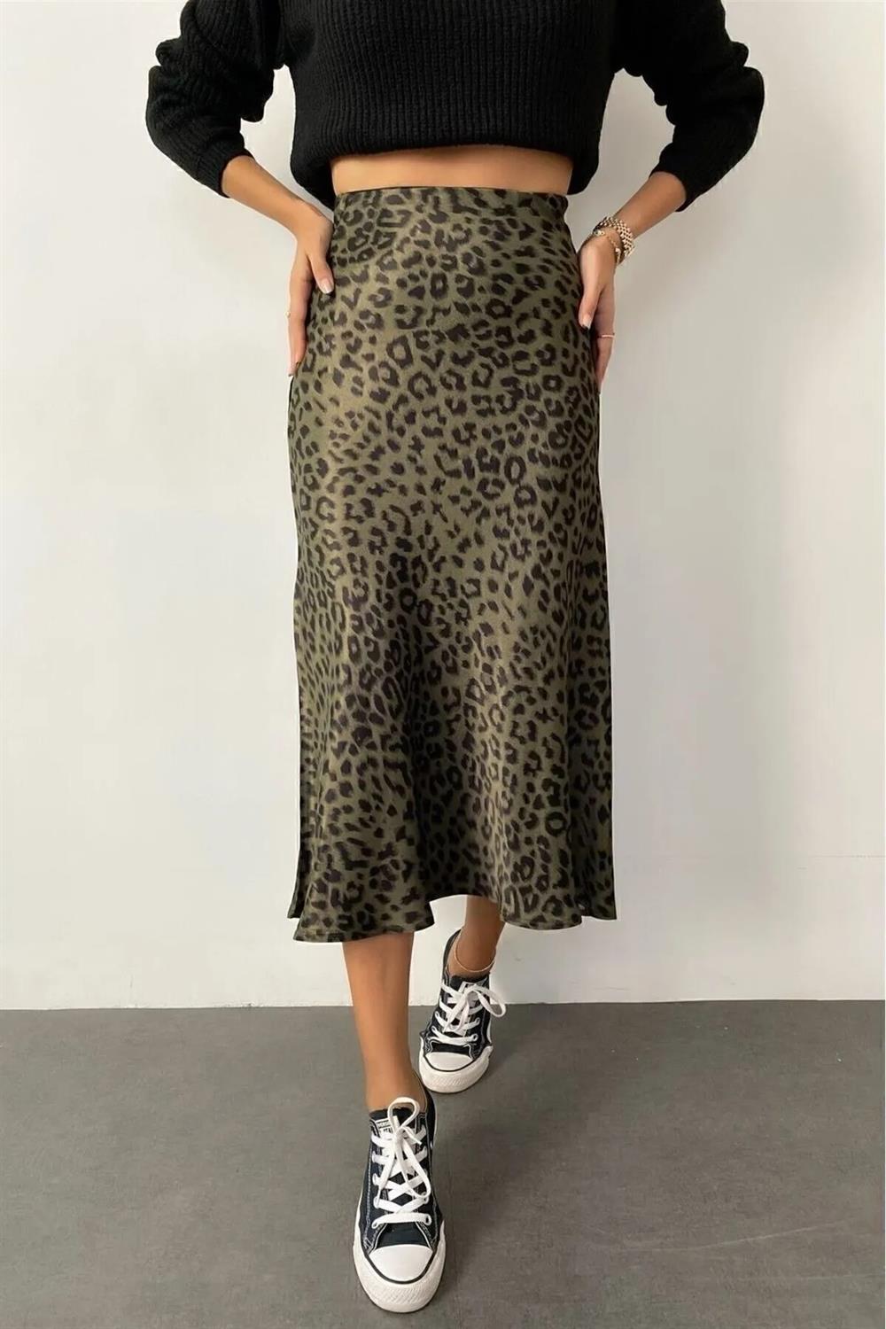 68223 Dewberry Leopard Pattern Satin Midi Length Skirt-SİYAH-HAKİ