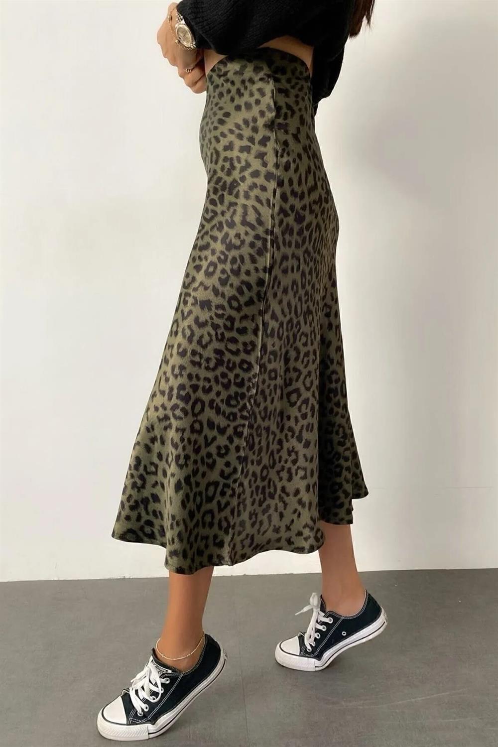 68223 Dewberry Leopard Pattern Satin Midi Length Skirt-SİYAH-HAKİ