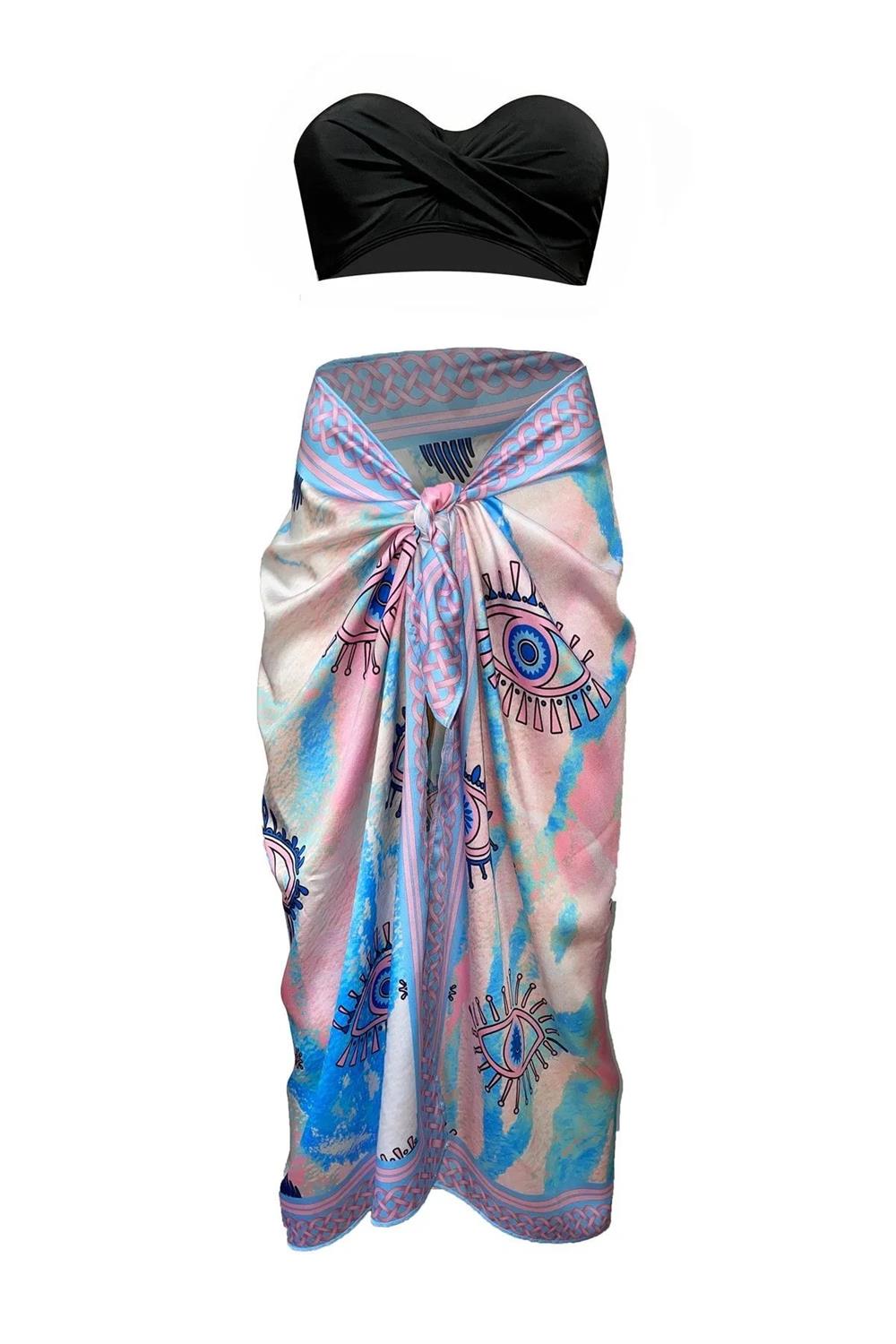 71058 Dewberry Patterned Shiny Fabric Women Pareo-MAVİ-PEMBE
