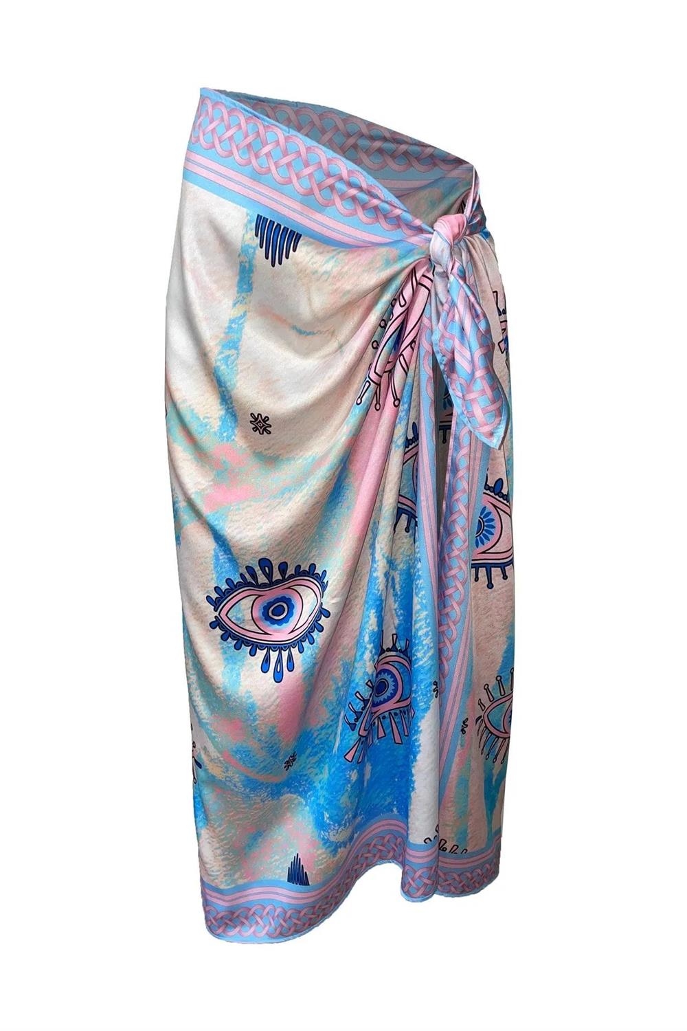 71058 Dewberry Patterned Shiny Fabric Women Pareo-MAVİ-PEMBE
