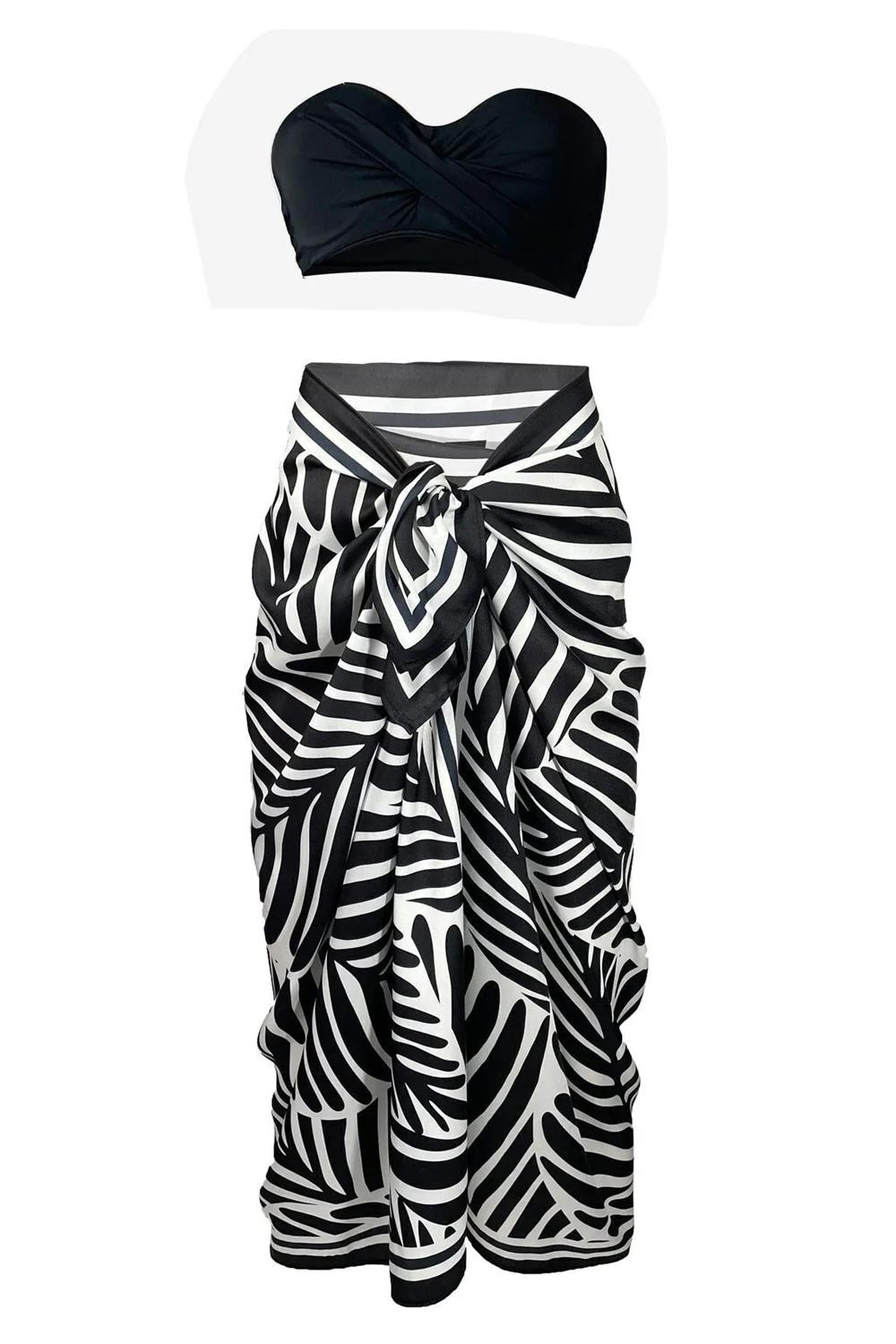 71058 Dewberry Patterned Shiny Fabric Women Pareo-SİYAH-BEYAZ
