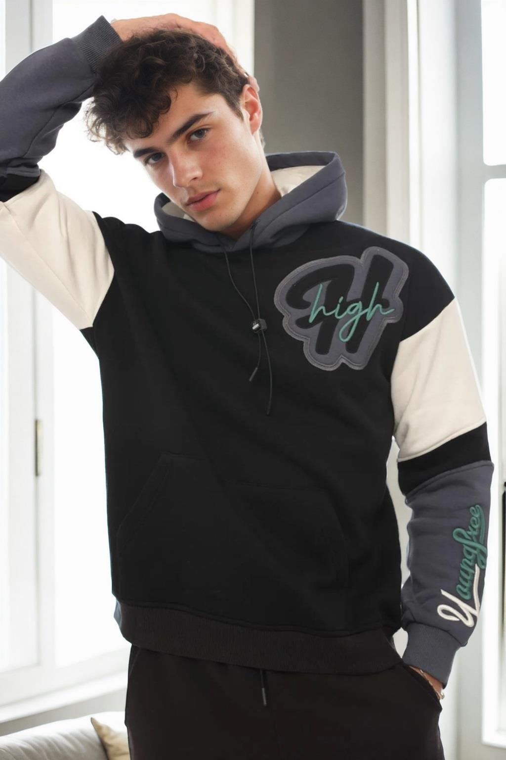 71185 Dewberry Embroidered Oversize Mens Sweatshirt-SİYAH