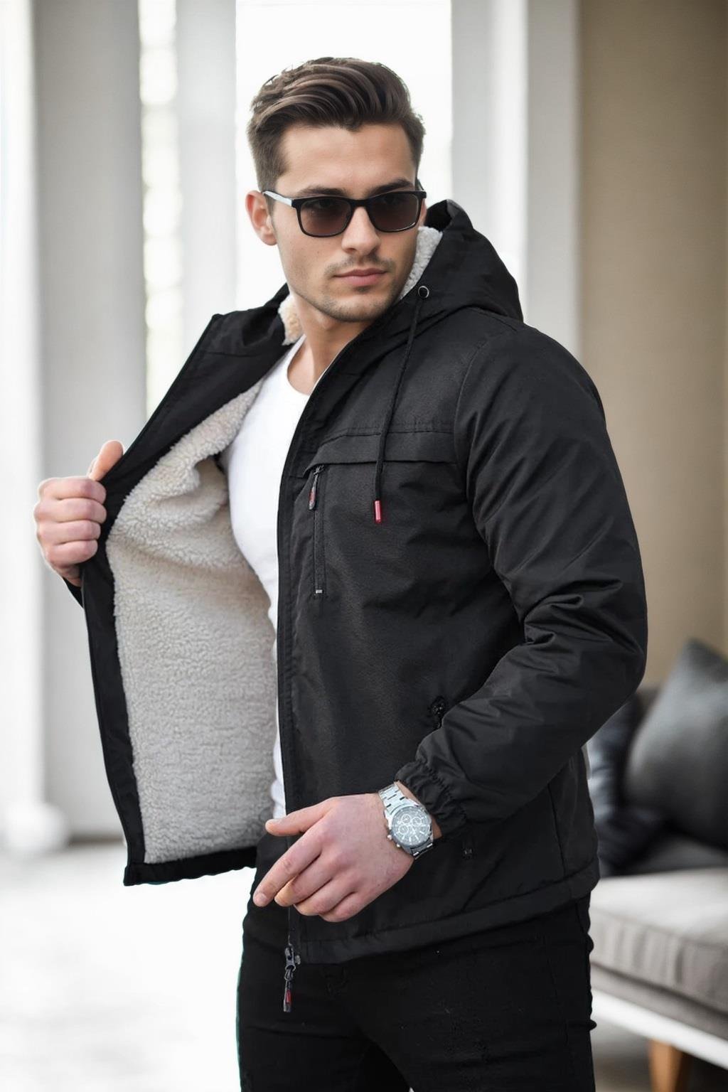 71189 Dewberry Inside Faux Fur Mens Coat-SİYAH