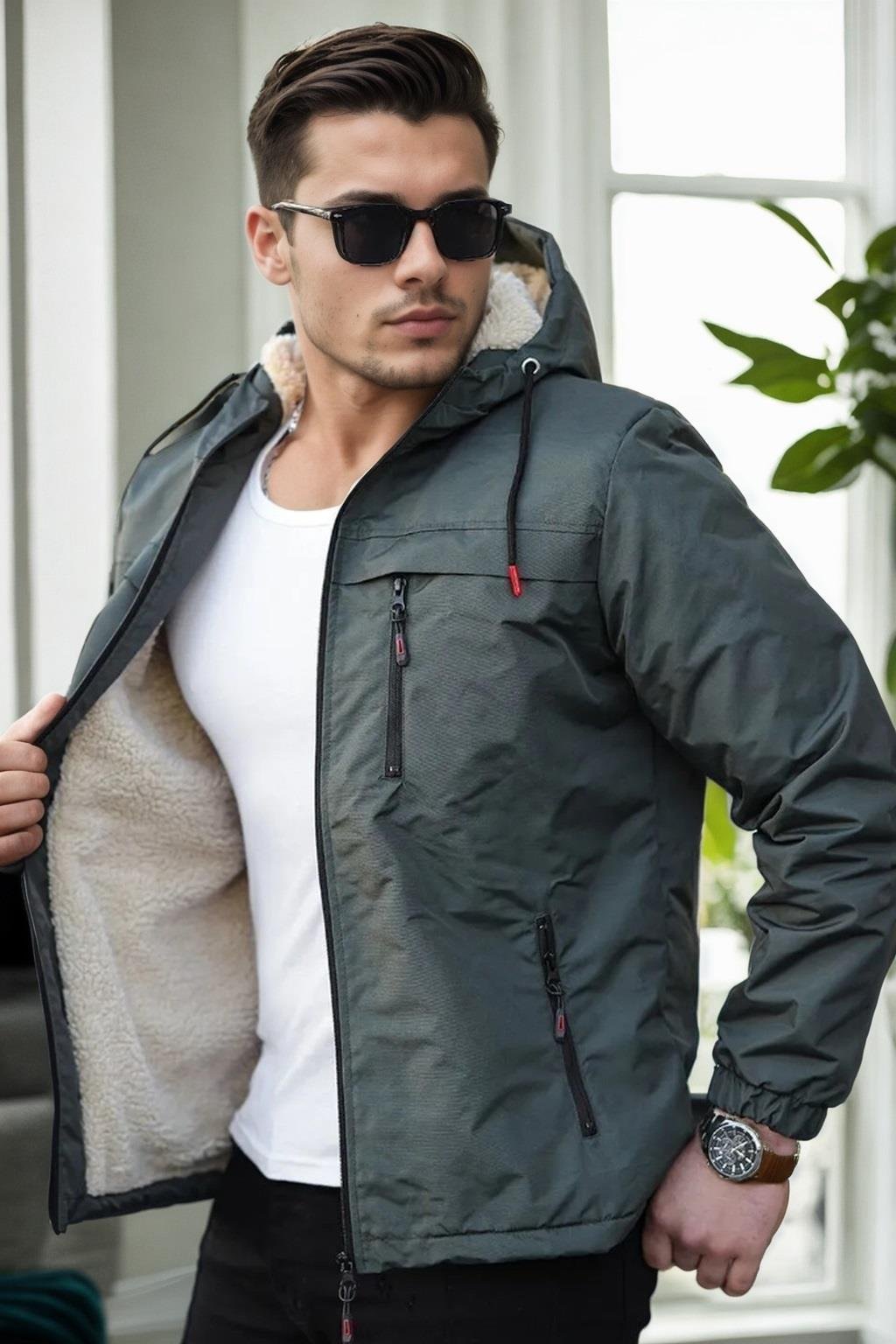 71189 Dewberry Inside Faux Fur Mens Coat-HAKİ