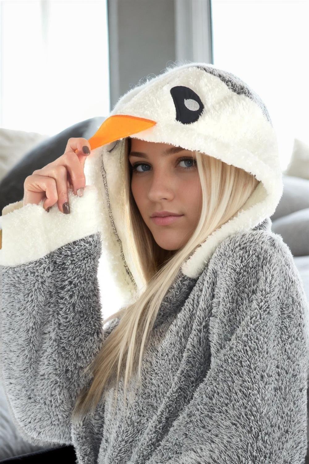 71614 Dewberry Penguin Embroidered Wellsoft Dressing Gown-GRİ