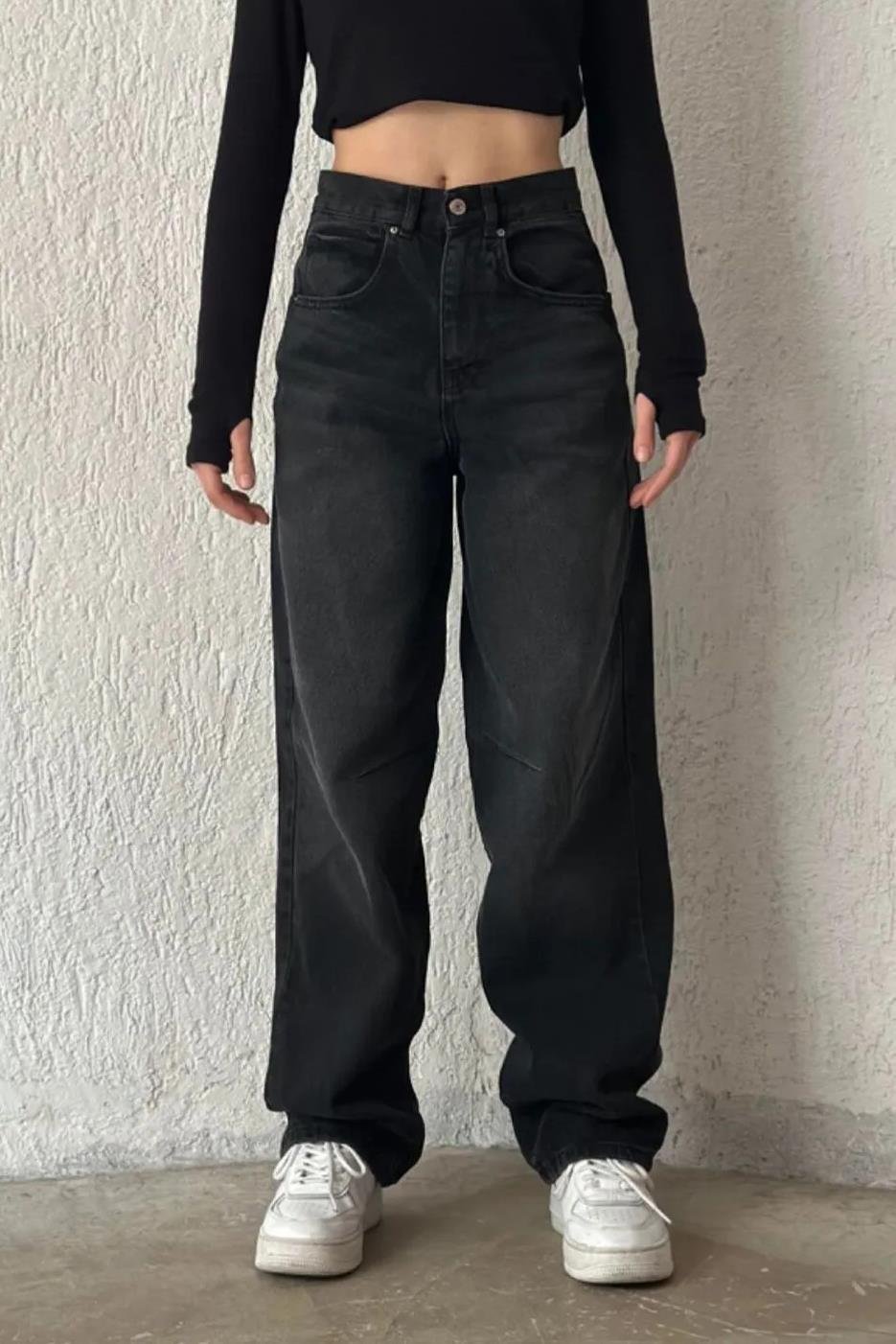 71755 Dewberry Buckle Detail Loose Cut Wide Leg  Women Jeans-SİYAH