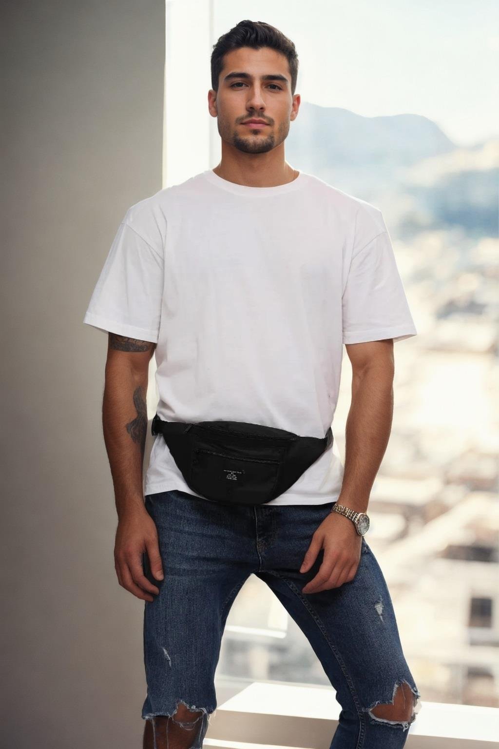 72422 Dewberry Unisex 2 Compartment Shoulder and Waist Bag-SİYAH