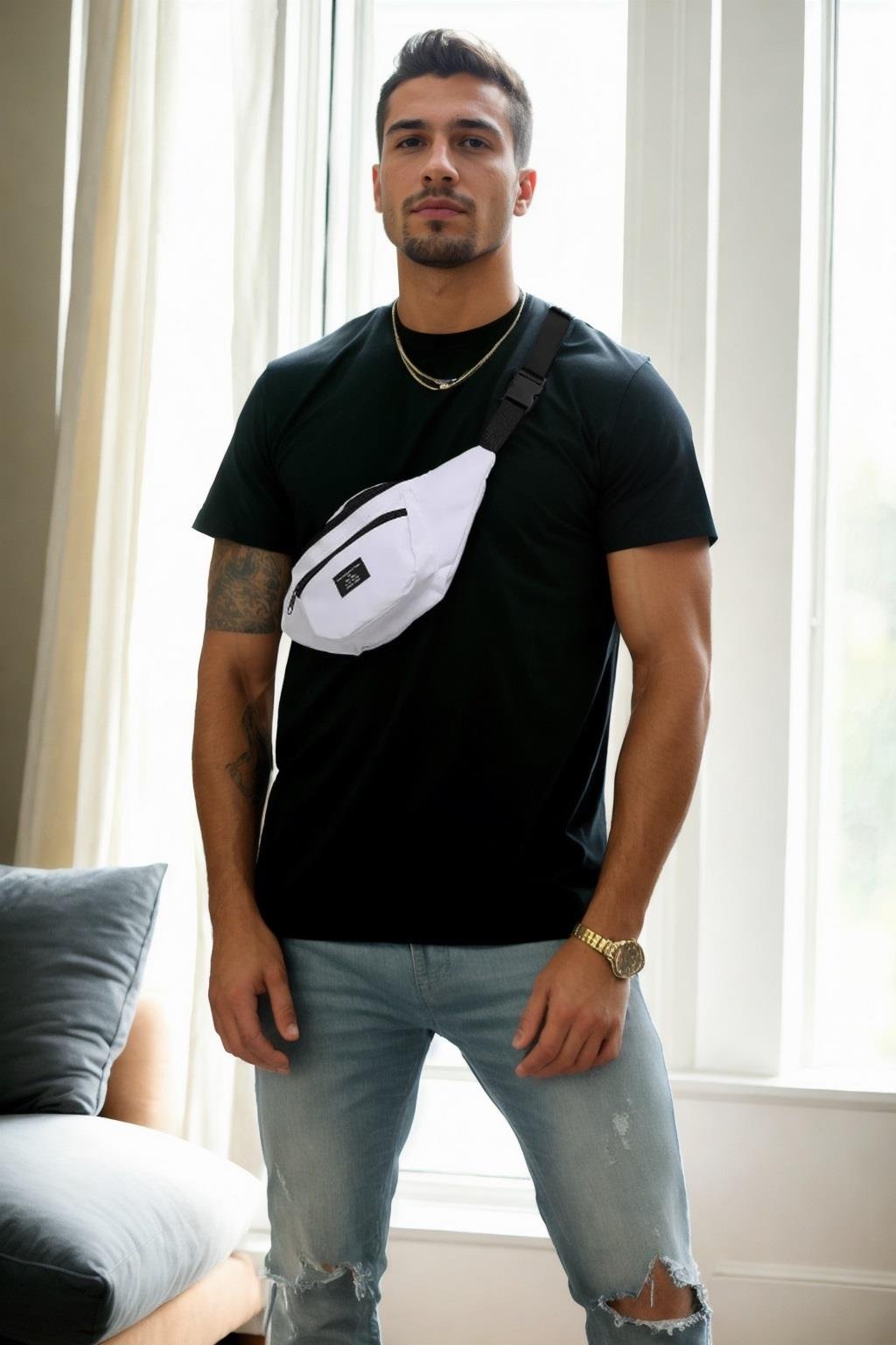 72422 Dewberry Unisex 2 Compartment Shoulder and Waist Bag-BEYAZ