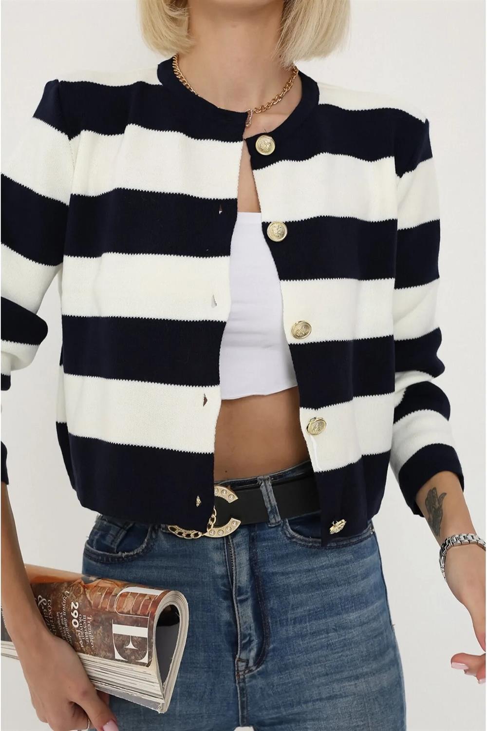 74390 Dewberry Crew Neck Striped Crop Cardigan-LACİVERT