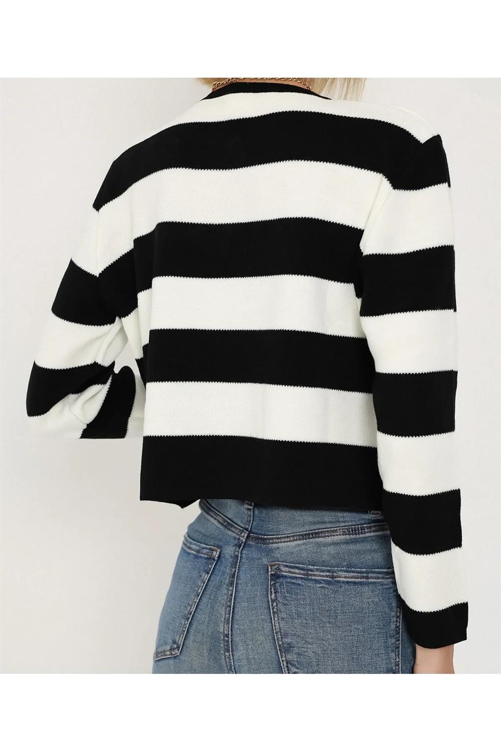 74390 Dewberry Crew Neck Striped Crop Cardigan-SİYAH