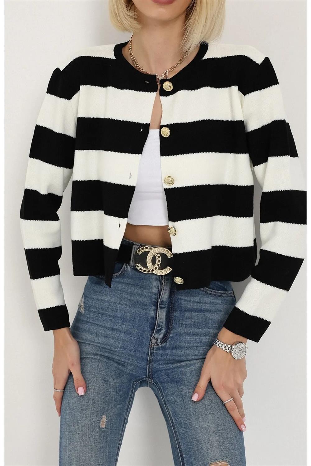 74390 Dewberry Crew Neck Striped Crop Cardigan-SİYAH