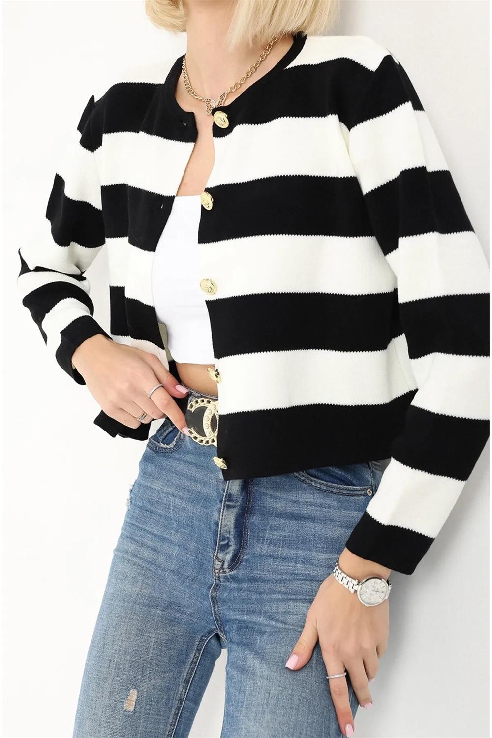 74390 Dewberry Crew Neck Striped Crop Cardigan-SİYAH