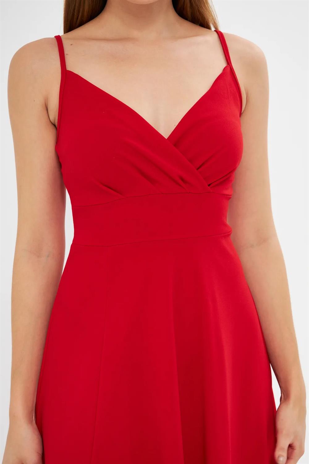 74886 Dewberry Rope Strap Slit Evening & Graduation Dress-KIRMIZI