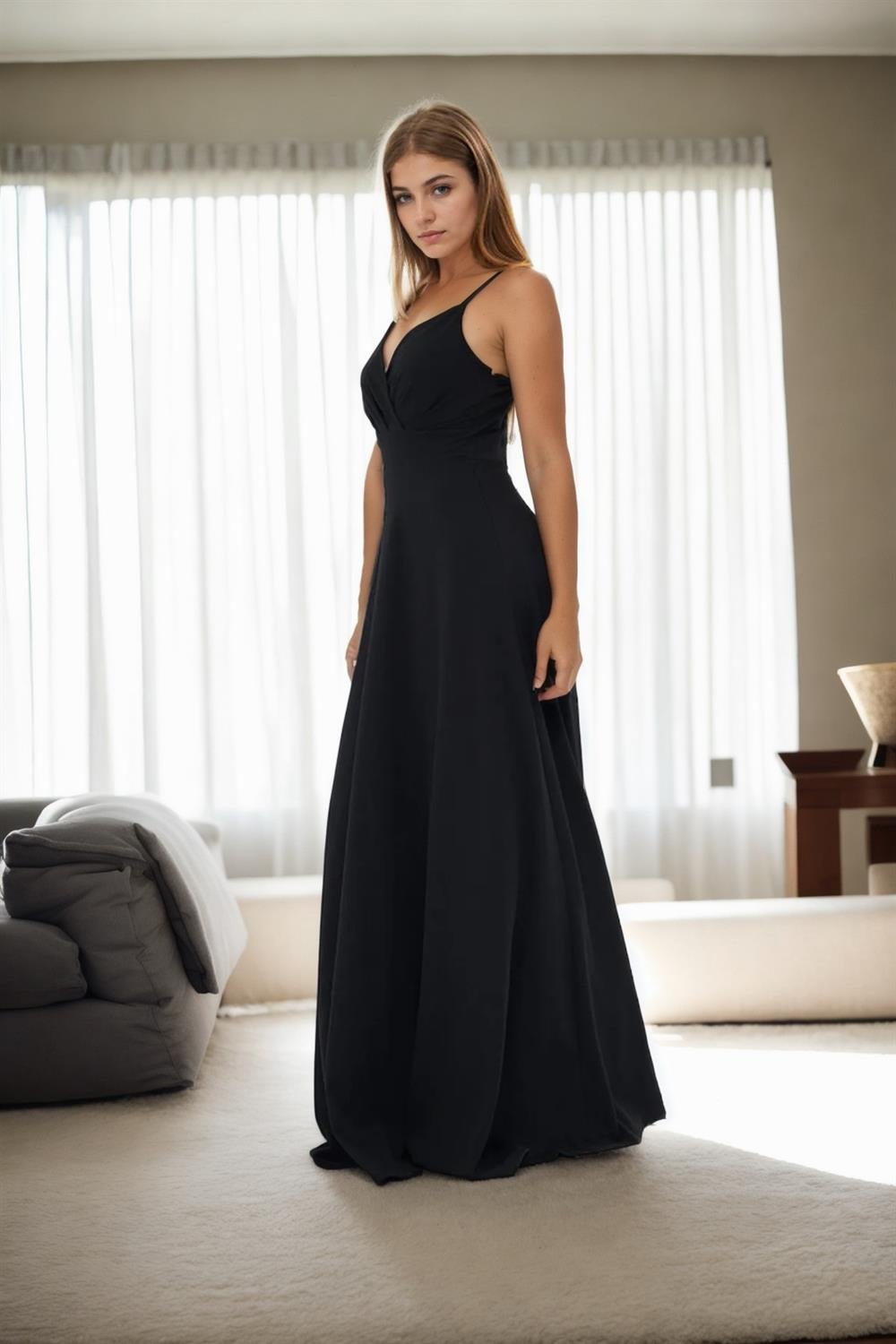 74886 Dewberry Rope Strap Slit Evening & Graduation Dress-SİYAH