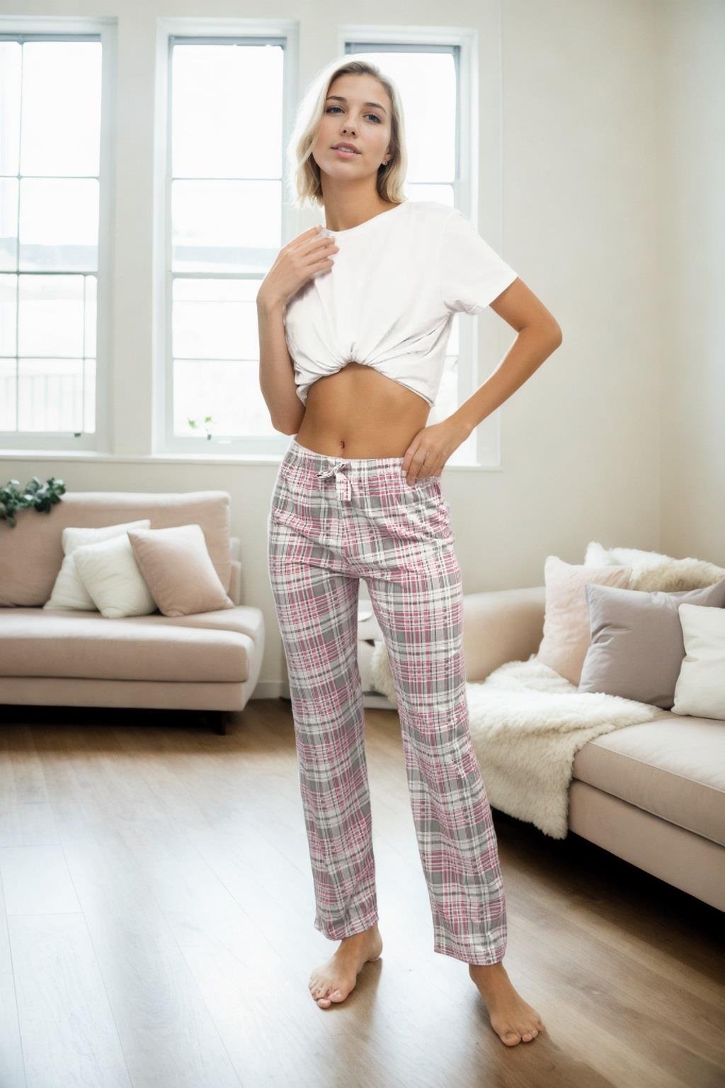 80156 Dewberry Women Pyjama Bottom-BEYAZ-PEMBE