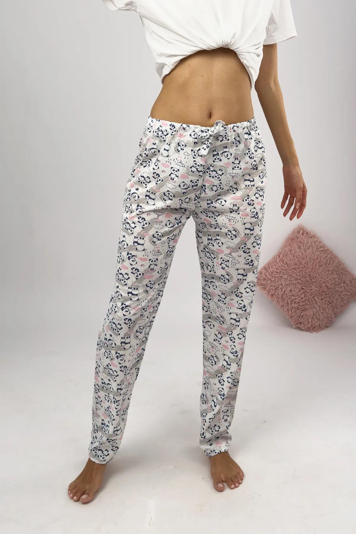 80156 Dewberry Women Pyjama Bottom-BEYAZ-GRİ