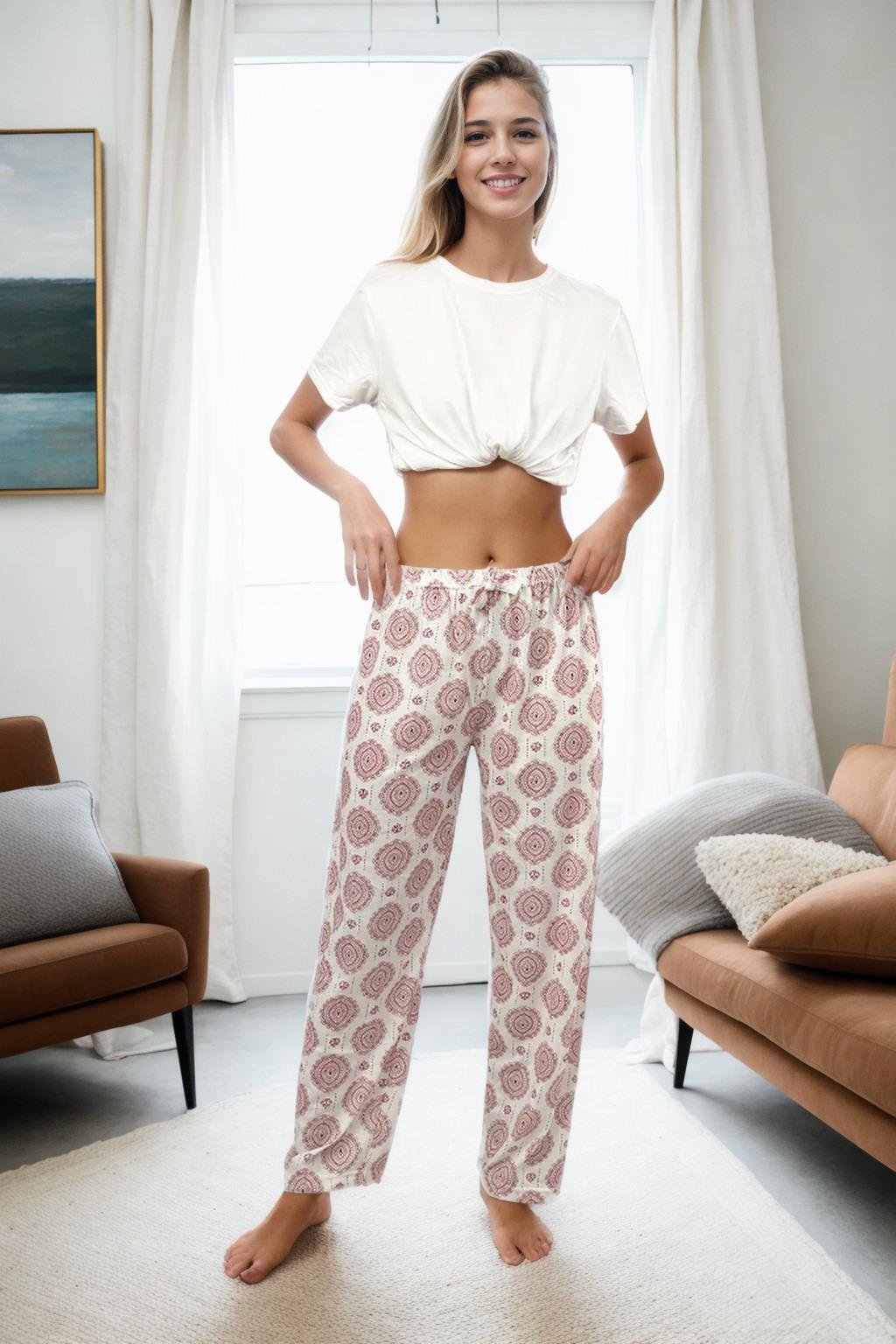 80156 Dewberry Women Pyjama Bottom-BEYAZ-BORDO